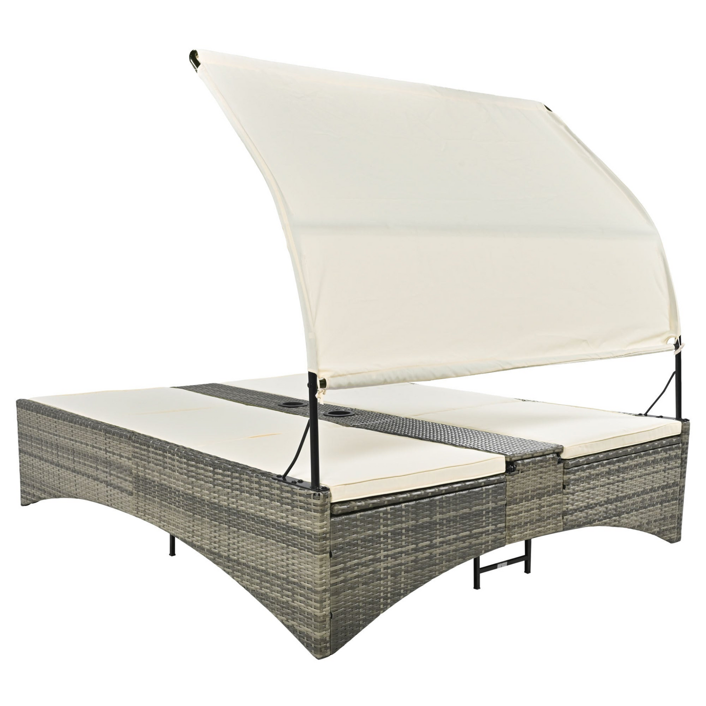 Patio Daybed Outdoor Daybed Outdoor Rattan Sun Lounger with Shelter Roof with Adjustable Backrest, Storage Box and 2 Cup Holders for Patio, Balcony, Poolside,Cream