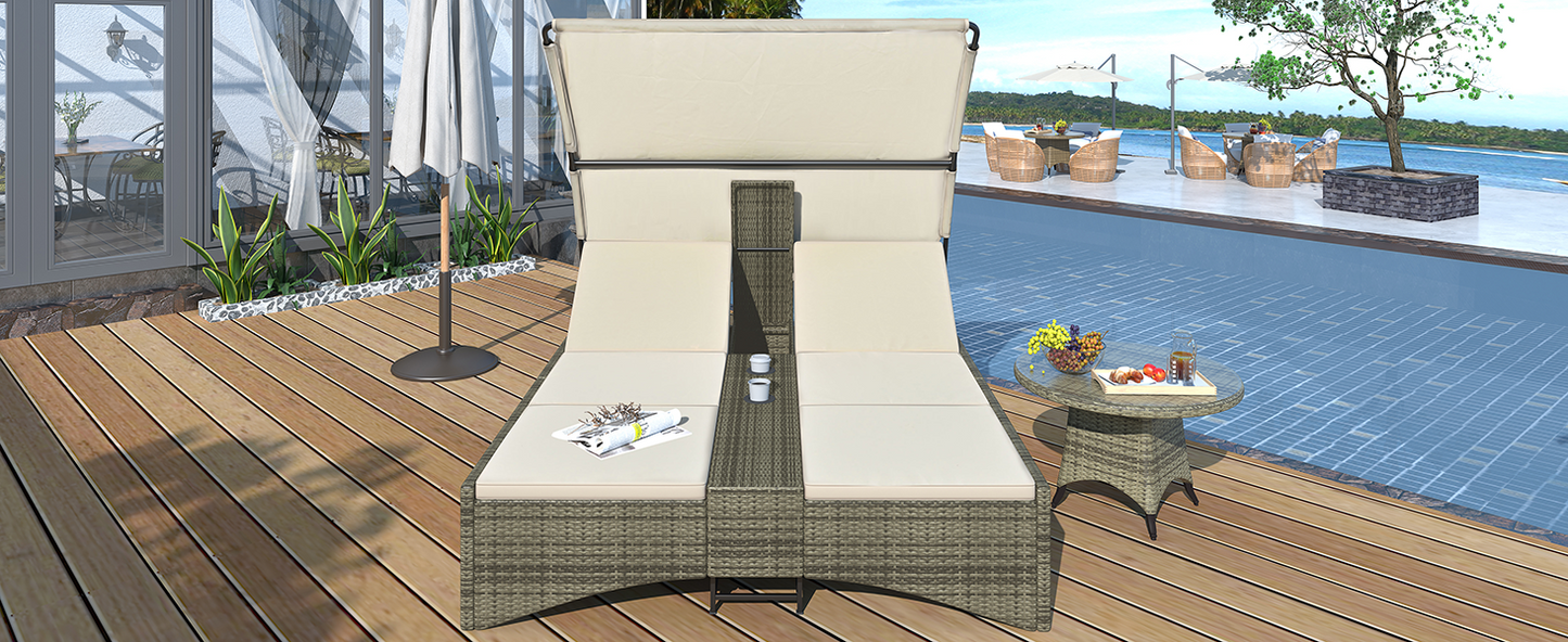 Patio Daybed Outdoor Daybed Outdoor Rattan Sun Lounger with Shelter Roof with Adjustable Backrest, Storage Box and 2 Cup Holders for Patio, Balcony, Poolside,Cream