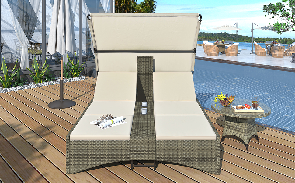 Patio Daybed Outdoor Daybed Outdoor Rattan Sun Lounger with Shelter Roof with Adjustable Backrest, Storage Box and 2 Cup Holders for Patio, Balcony, Poolside,Cream