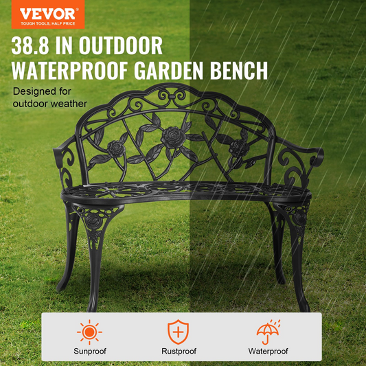 VEVOR Outdoor Bench, 38.8 inches Metal Garden Bench for Outdoors,480 lbs Load Capacity Bench, Outdoor Garden Park Bench with Backrest and Armrests, Patio Bench for Garden, Park, Yard, Front Porch