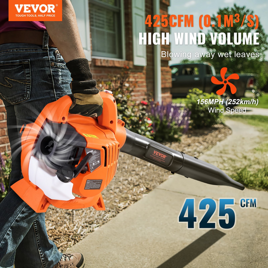 VEVOR Leaf Blower, 26CC 2-Cycle Handheld Leaf Blower with A Fuel Tank, 2-in-1 Blower 425CFM Air Volume 156MPH Speed, Ideal for Lawn Care, Leaf Cleaning, and Snow Removal