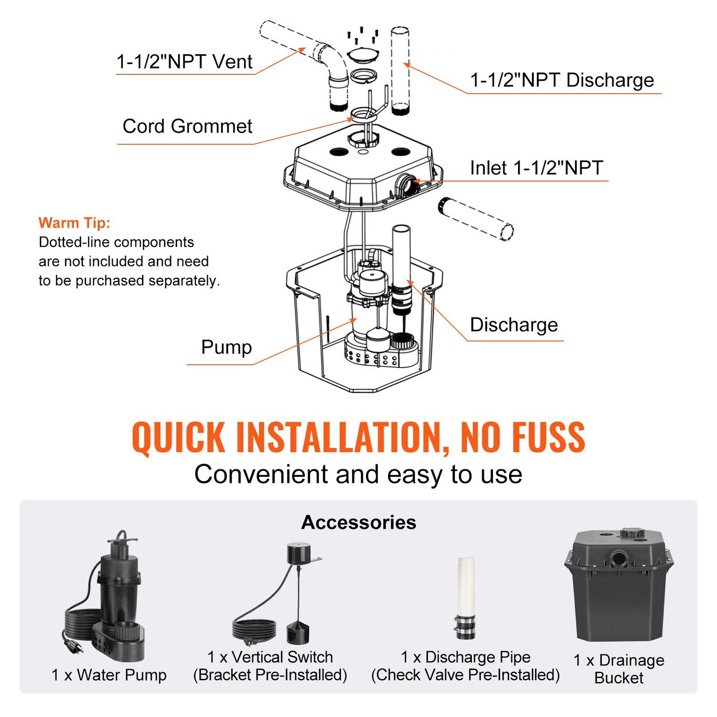 VEVOR Utility Sink Pump, 1/3 HP, 120-Volt, 2900 GPH Flow, 25 ft Head, Under-Sink Sump Pump System with 6 Gallon Basin, Automatic Utility/Laundry Sink Pump, Drain Pump with 1-1/2" NPT Outlet, Black