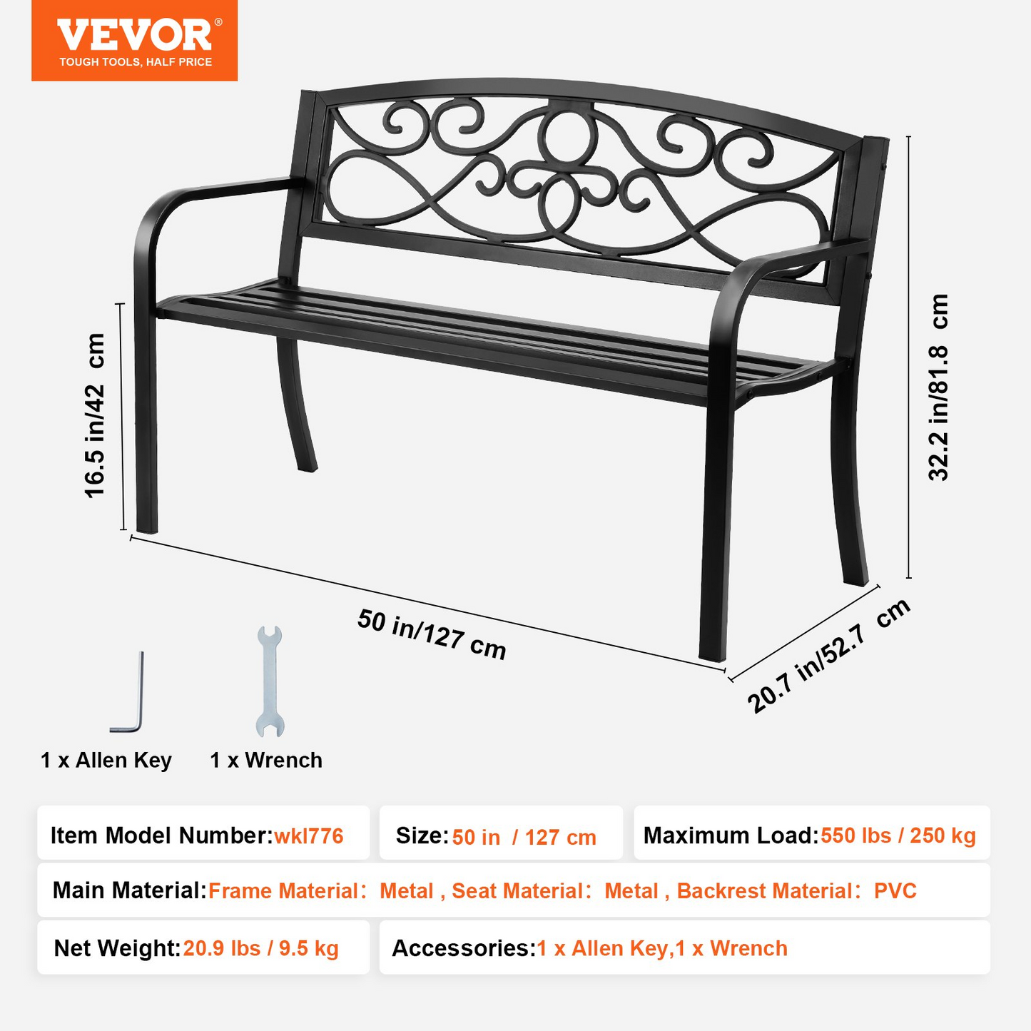 VEVOR Outdoor Bench, 50 inches Metal Garden Bench for Outdoors, 550 lbs Load Capacity Bench, Outdoor Garden Park Bench with Backrest and Armrests, Patio Bench for Garden, Park, Yard, Front Porch