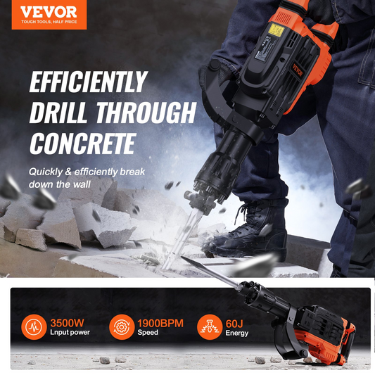 VEVOR Demolition Jack Hammer, 3500W Jack Hammer Concrete Breaker, 2pcs Chisel with Gloves & 360°C Swiveling Front Handle for Trenching, 1900 BPM Heavy Duty Electric Jack Hammer, Black