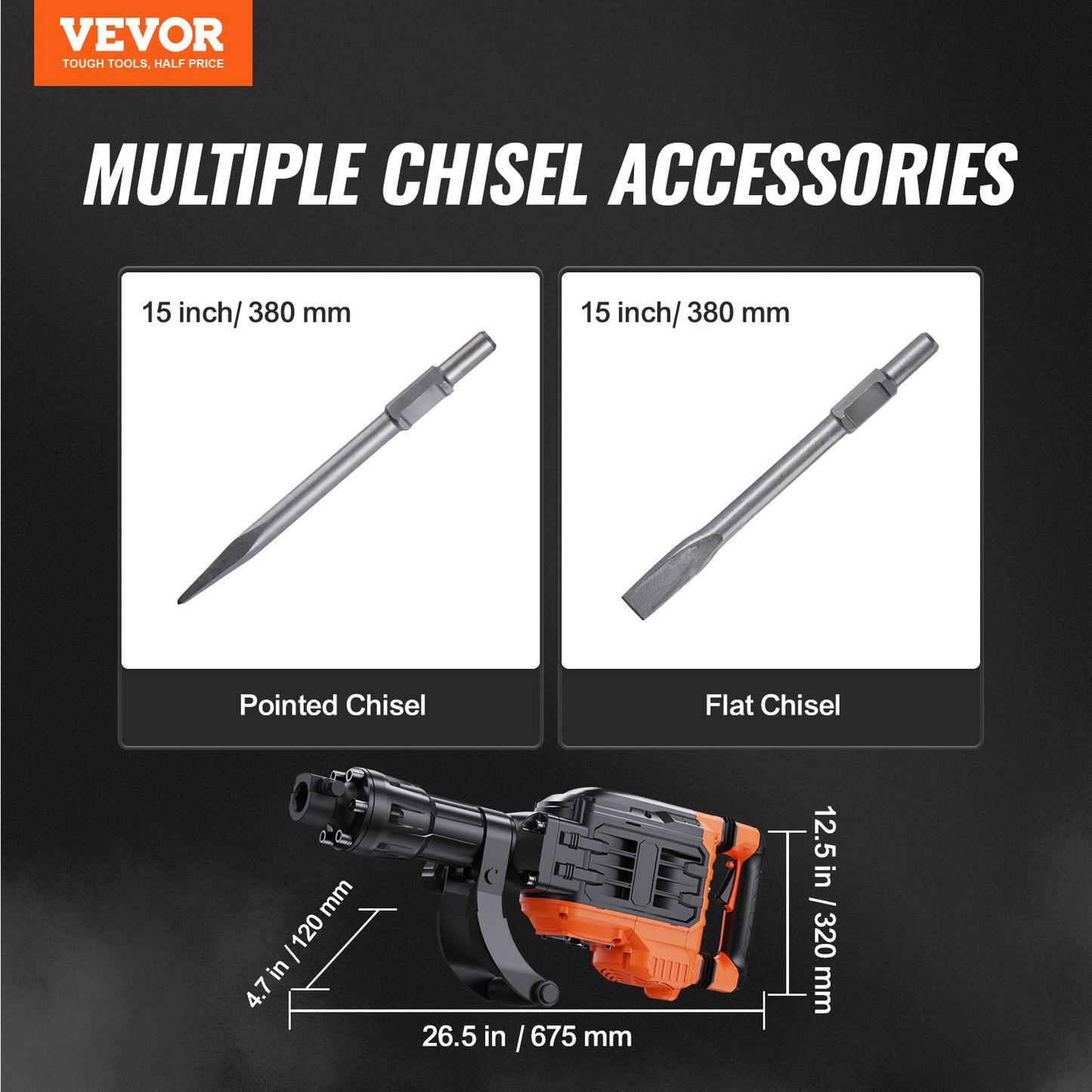 VEVOR Demolition Jack Hammer, 3500W Jack Hammer Concrete Breaker, 2pcs Chisel with Gloves & 360°C Swiveling Front Handle for Trenching, 1900 BPM Heavy Duty Electric Jack Hammer, Black