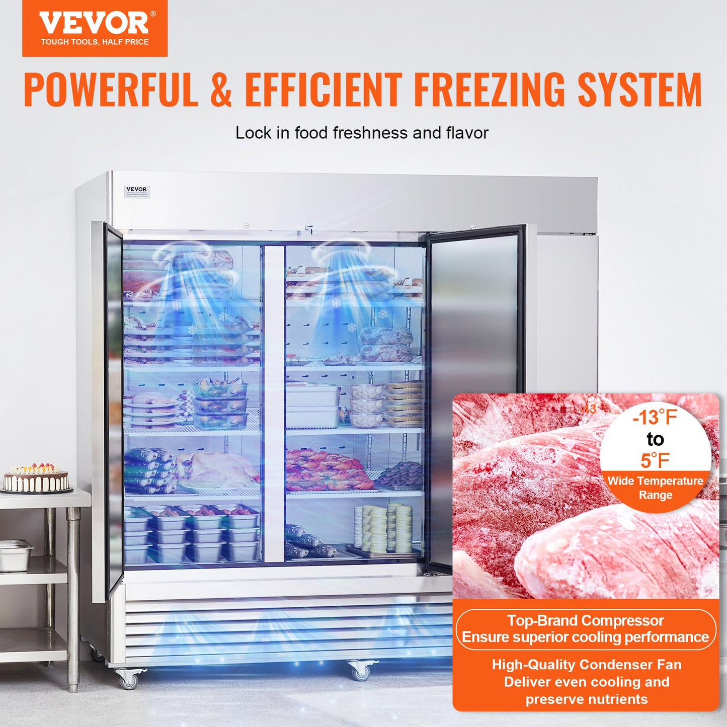 VEVOR Commercial Freezer 60.42 Cu.ft, Reach In 82.5" W Upright Freezer 3 Doors, Auto-Defrost Stainless Steel Reach-in Freezer with 12 Adjustable Shelves, -13 to 5℉ Temp Control, LED Lighting, 4 Wheels