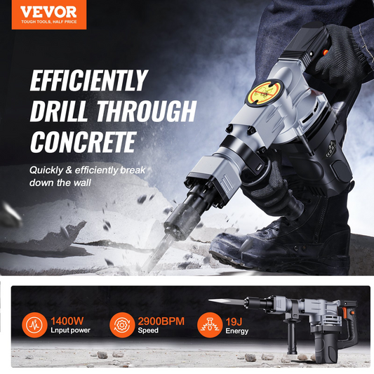 VEVOR Demolition Jack Hammer, 1400W Electric Jackhammer Heavy Duty, 2pcs Chisels Bits Chipping with Case, 2900 BPM Concrete Breaker, Gloves Black