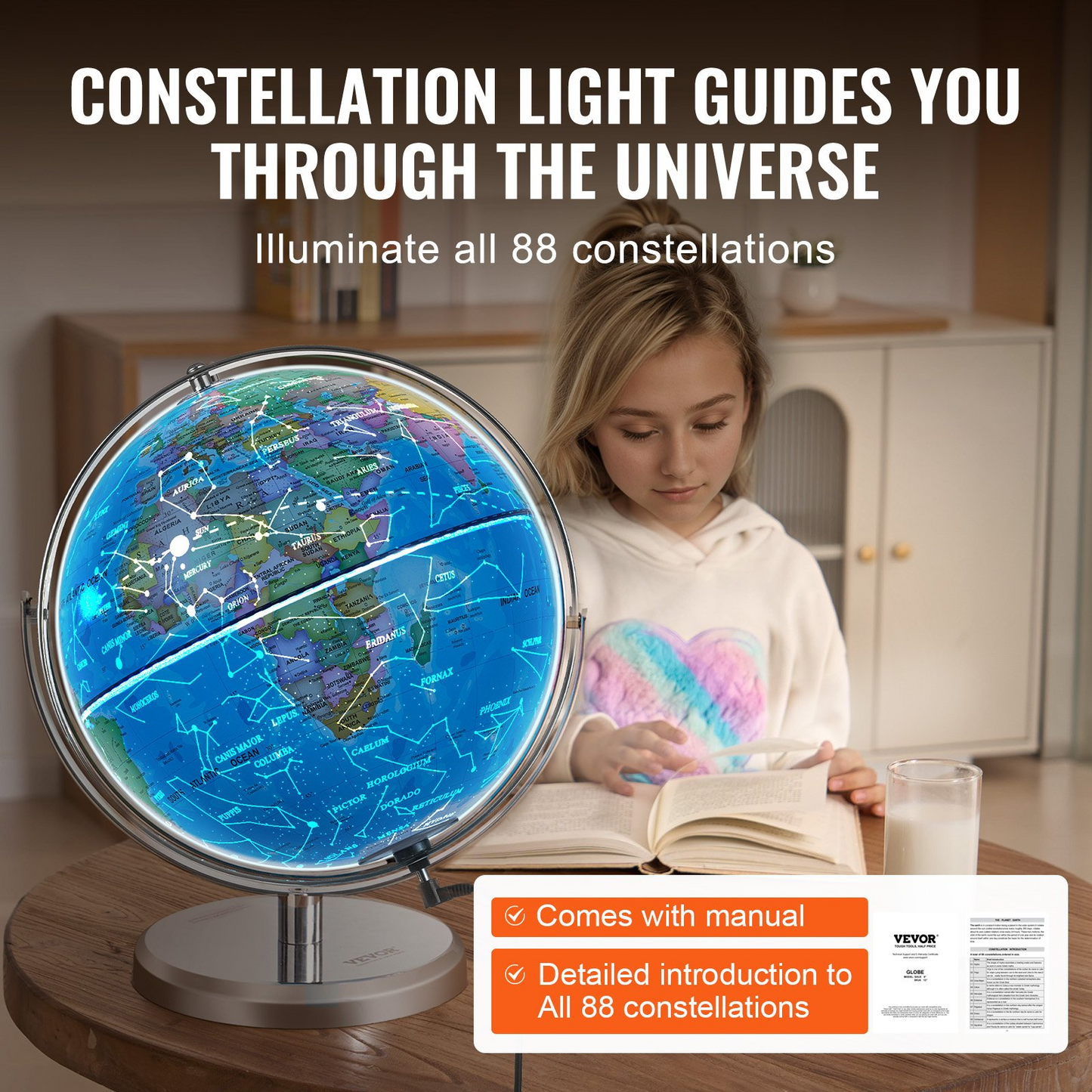 VEVOR Illuminated World Globe with Stand, 13 in/330.2 mm, Educational Earth Globe with Stable Heavy Metal Base and LED Constellation Night Light HD Printed Map, Spinning for Kids Classroom Learning