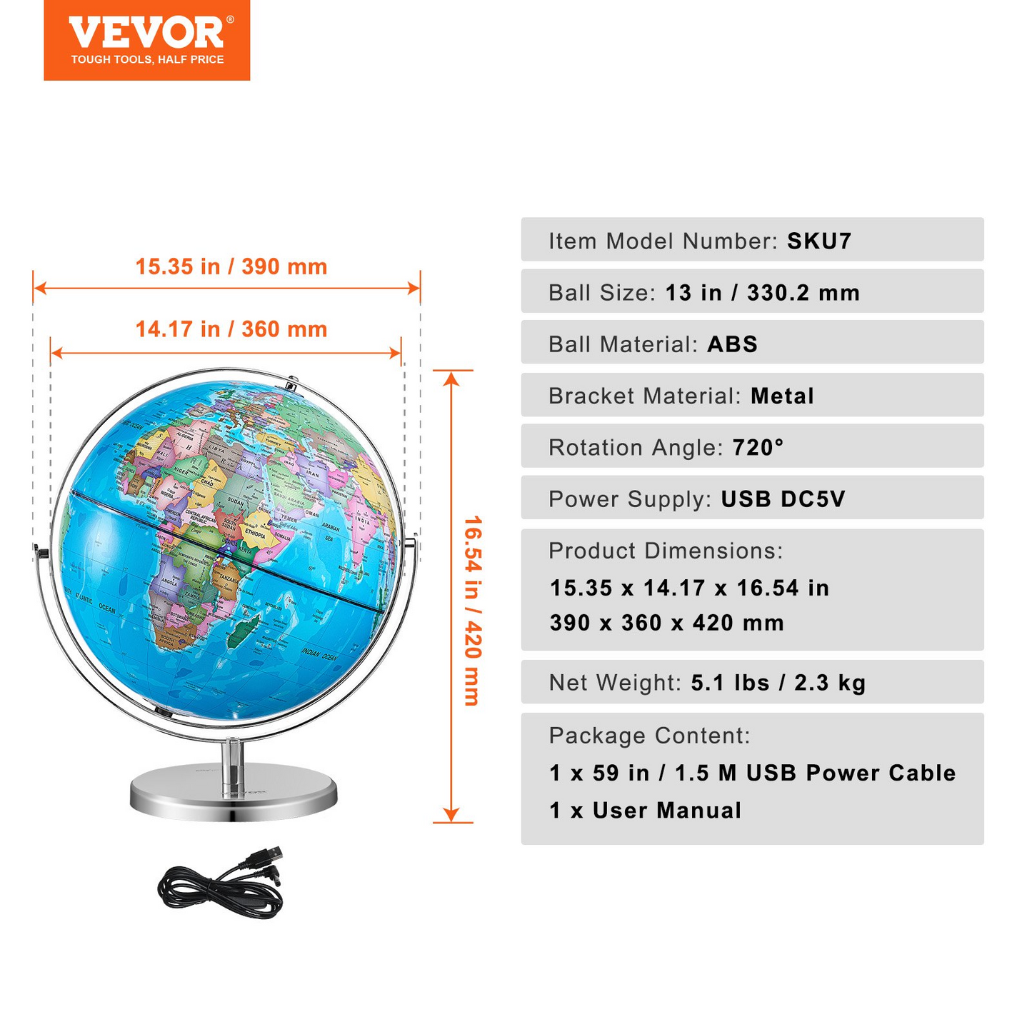 VEVOR Illuminated World Globe with Stand, 13 in/330.2 mm, Educational Earth Globe with Stable Heavy Metal Base HD Printed Map and LED Night Lighting, 720° Spinning Globe for Kids Classroom Learning