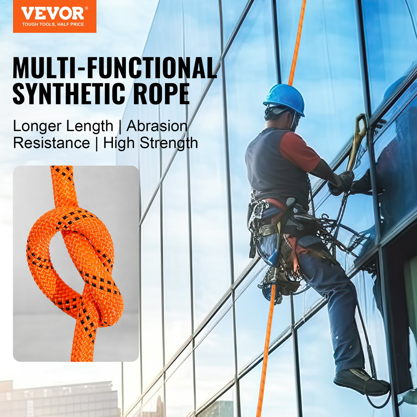 VEVOR Double Braided Polyester Rope, 1/2 in x 220 ft, 48 Strands, 8000 LBS Breaking Strength Outdoor Climbing Rope, Arborist Rigging Rope for Rock Hiking Camping Swing Rappelling Rescue, Orange/Black