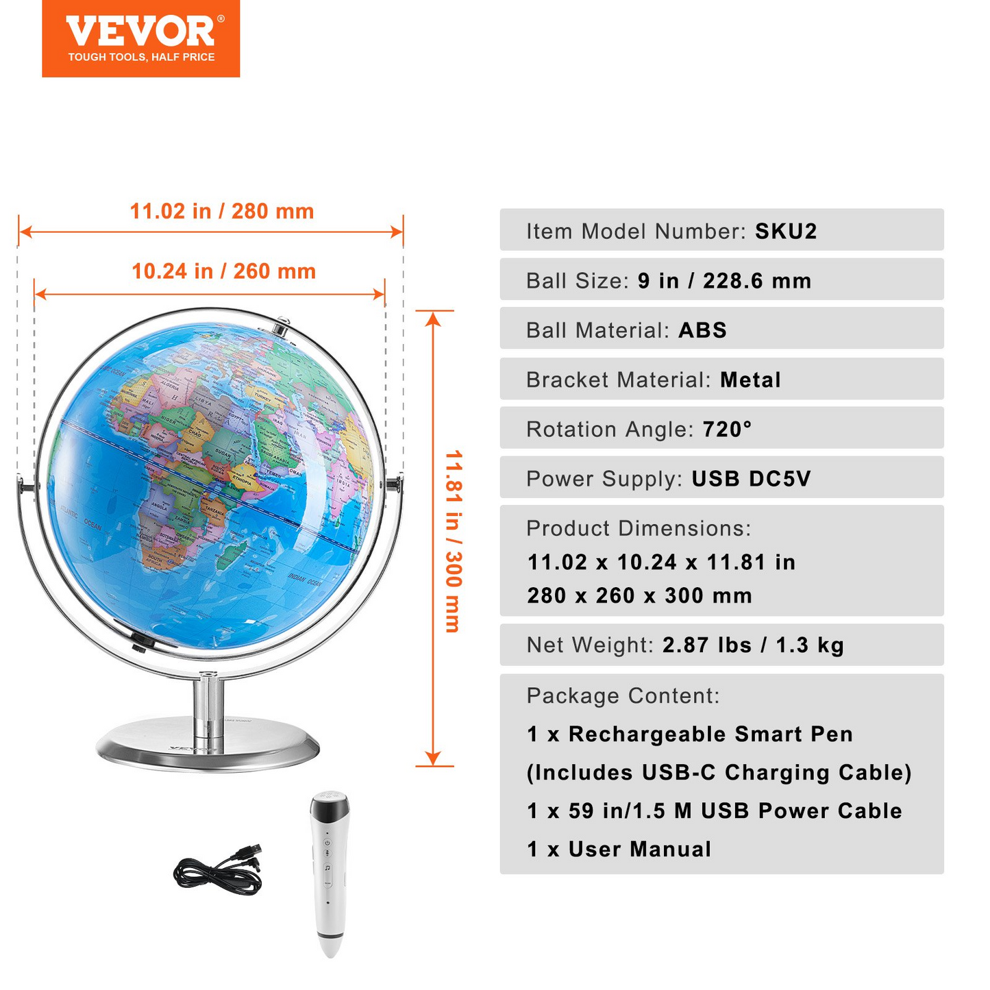 VEVOR Talking World Globe, 9 in/228.6 mm, Interactive Globe for Kids Early Learning Teaching, Educational Globe with Smart Talking Pen LED Night Light USB Interface, Gifts for Children Boys & Girls