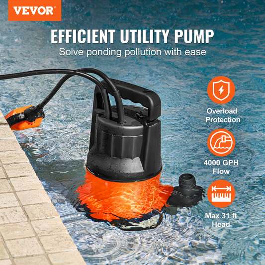 VEVOR Utility Pump, 1 HP, 4000 GPH High Flow, 31 ft Head, Sump Pump Submersible Water Pump Portable Utility Pump with 10 ft Long Power Cord for Draining Water from Swimming Pool Garden Pond Basement