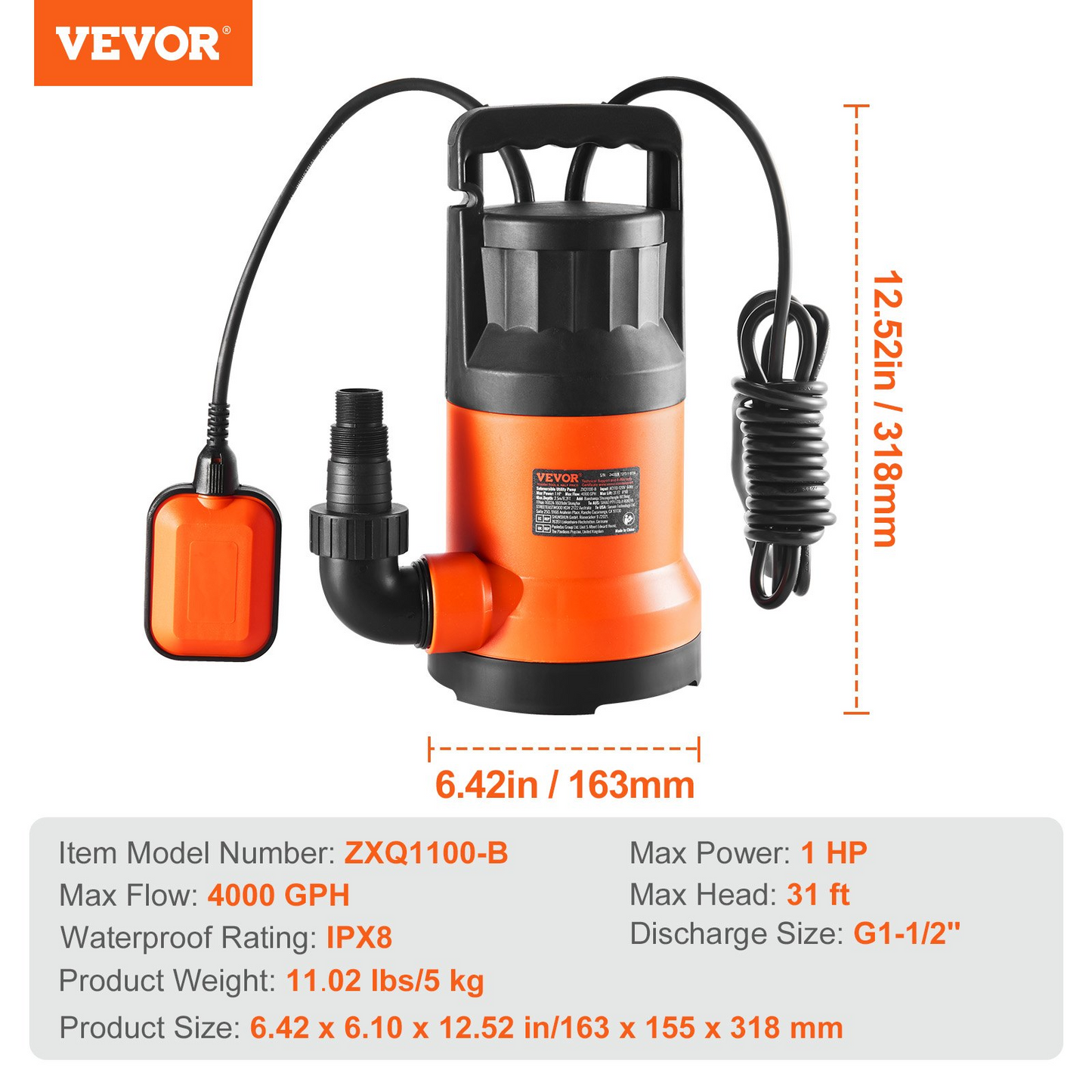 VEVOR Utility Pump, 1 HP, 4000 GPH High Flow, 31 ft Head, Sump Pump Submersible Water Pump Portable Utility Pump with 10 ft Long Power Cord for Draining Water from Swimming Pool Garden Pond Basement