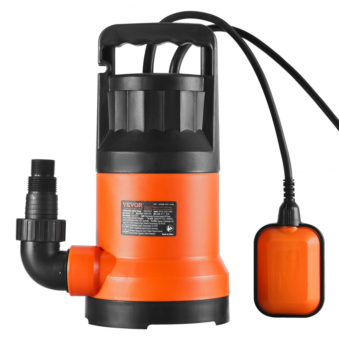 VEVOR Utility Pump, 1 HP, 4000 GPH High Flow, 31 ft Head, Sump Pump Submersible Water Pump Portable Utility Pump with 10 ft Long Power Cord for Draining Water from Swimming Pool Garden Pond Basement