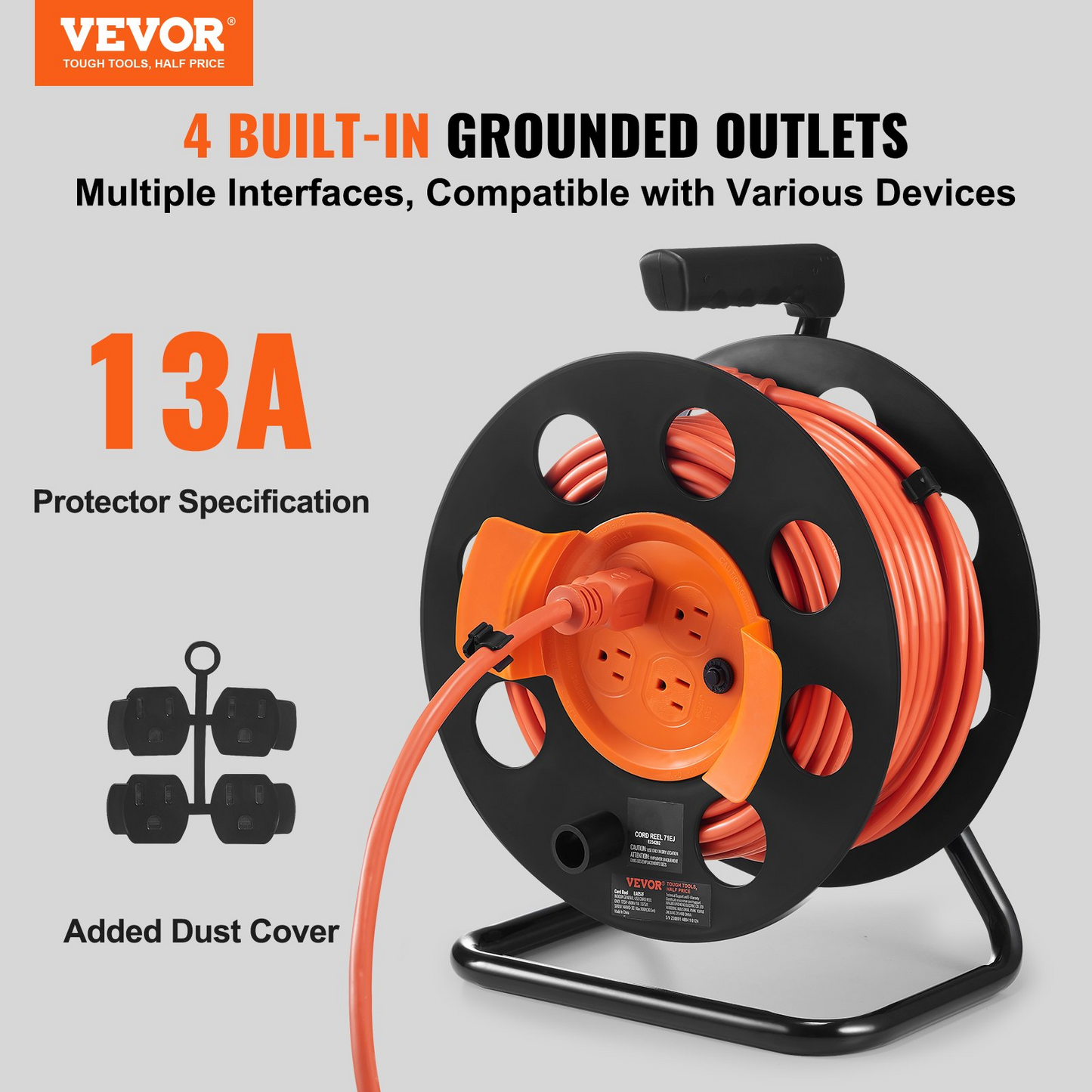 VEVOR Extension Cord Reel, 100FT, with 4 Outlets and Dust Cover, Heavy Duty 14AWG SJTOW Power Cord, Manual Cord Reel with Portable Handle Circuit Breaker, for Toolshed Garage, Tested to UL Standards