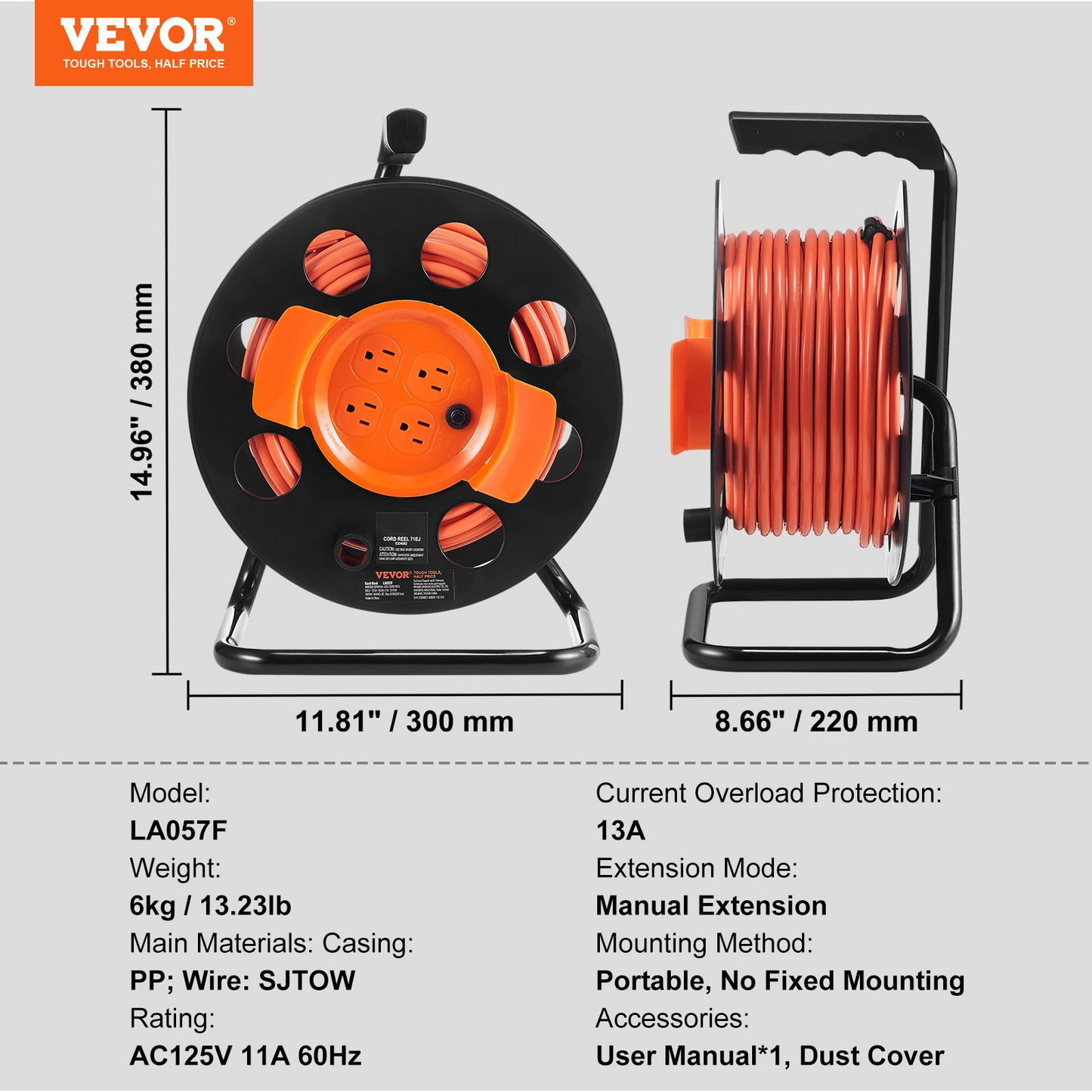 VEVOR Extension Cord Reel, 100FT, with 4 Outlets and Dust Cover, Heavy Duty 14AWG SJTOW Power Cord, Manual Cord Reel with Portable Handle Circuit Breaker, for Toolshed Garage, Tested to UL Standards