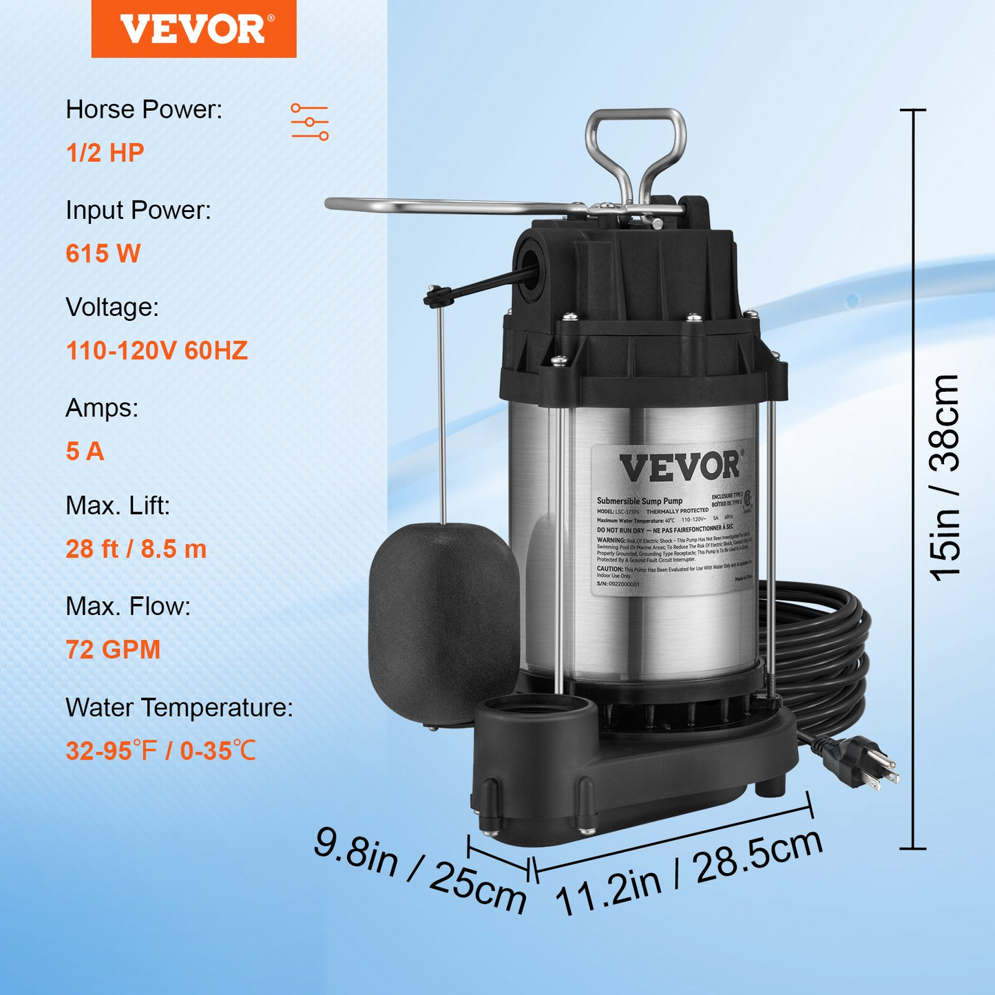 VEVOR Submersible Sump Pump Water Pump 1/2 HP 4320GPH Cast Iron Steel Basement