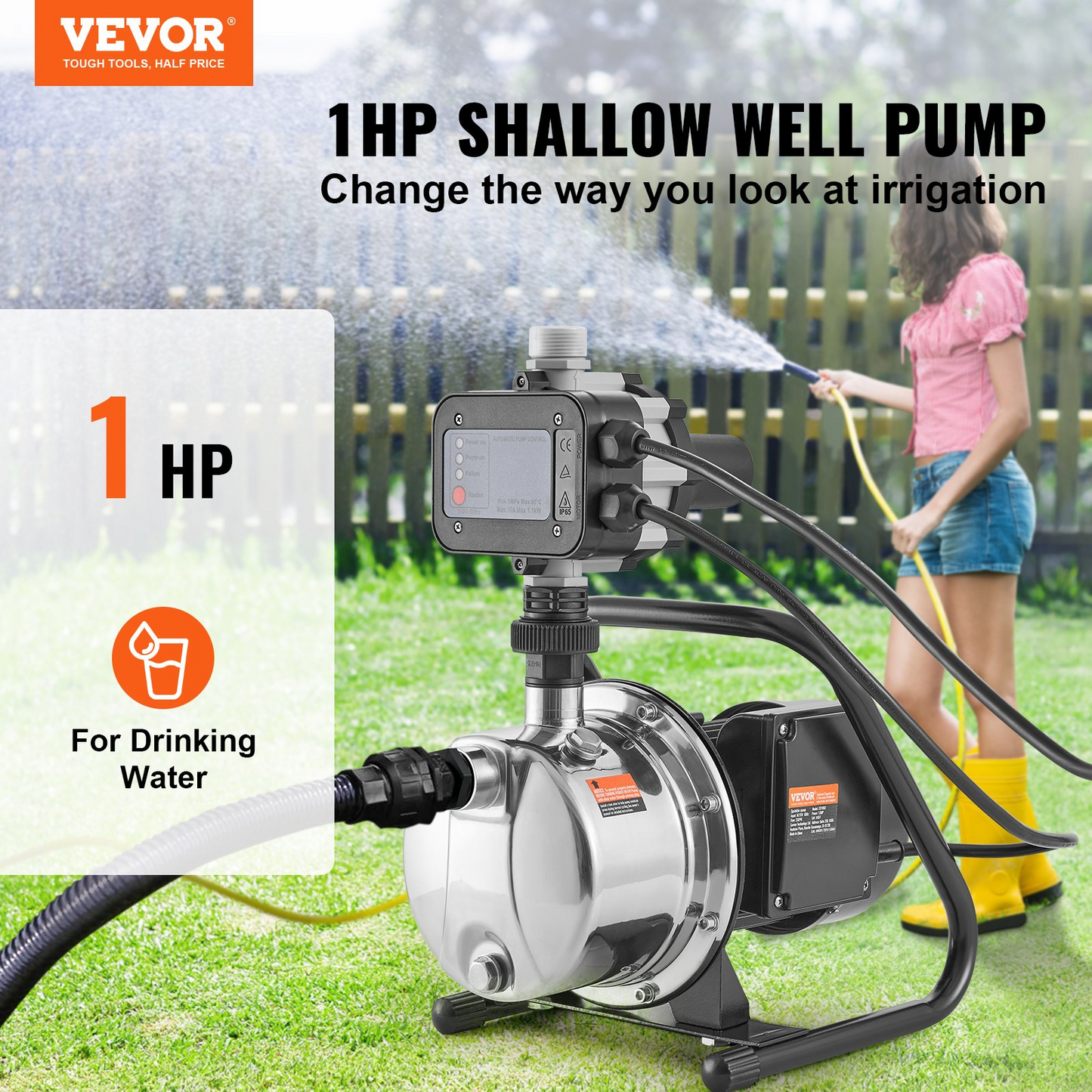 VEVOR Shallow Well Pump Portable Jet Pump w/ Auto Controller 1.5HP 1200GPH 164ft