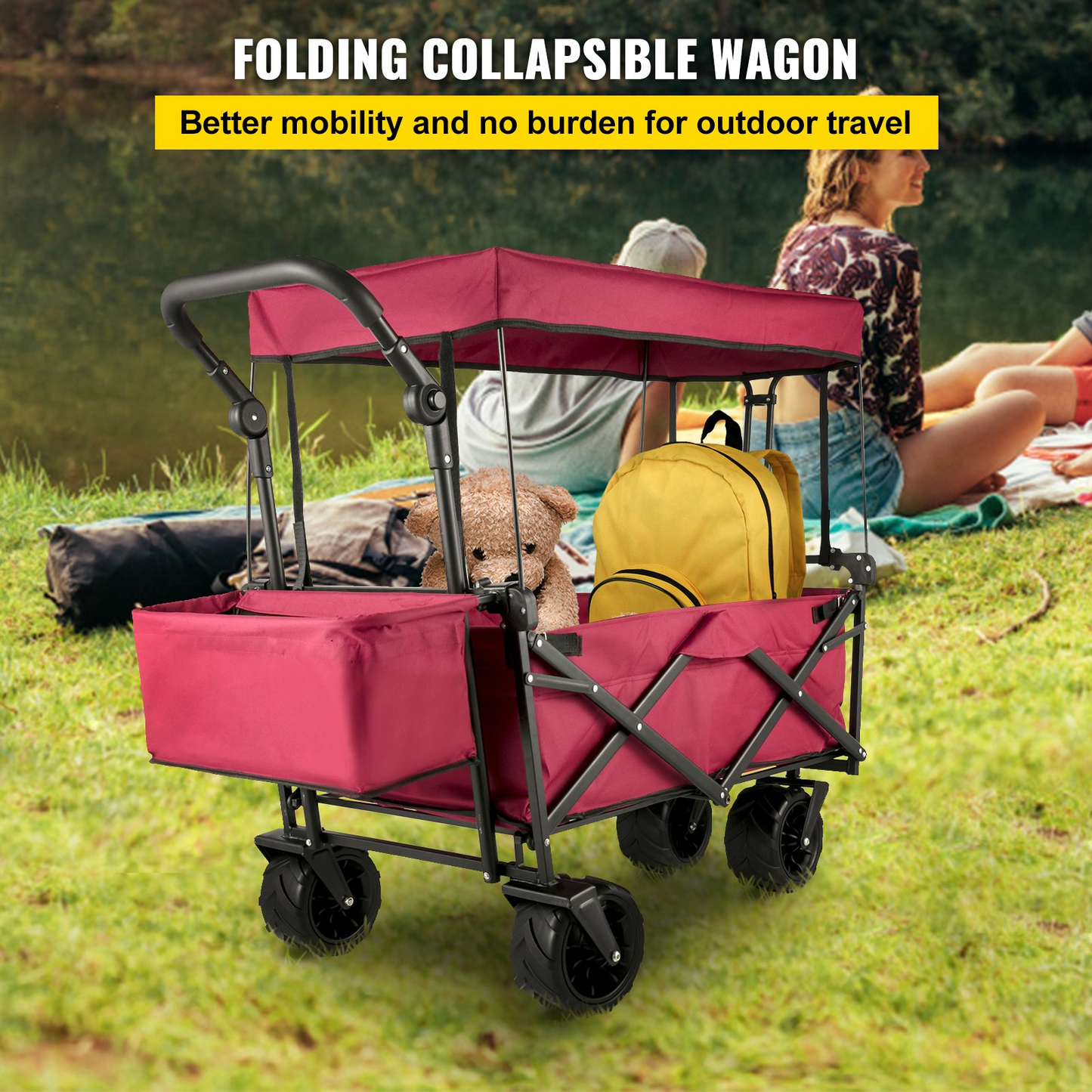 VEVOR Extra Large Collapsible Garden Cart with Removable Canopy, Folding Wagon Utility Carts with Wheels and Rear Storage, Wagon Cart for Garden, Camping, Grocery Cart, Shopping Cart, Red