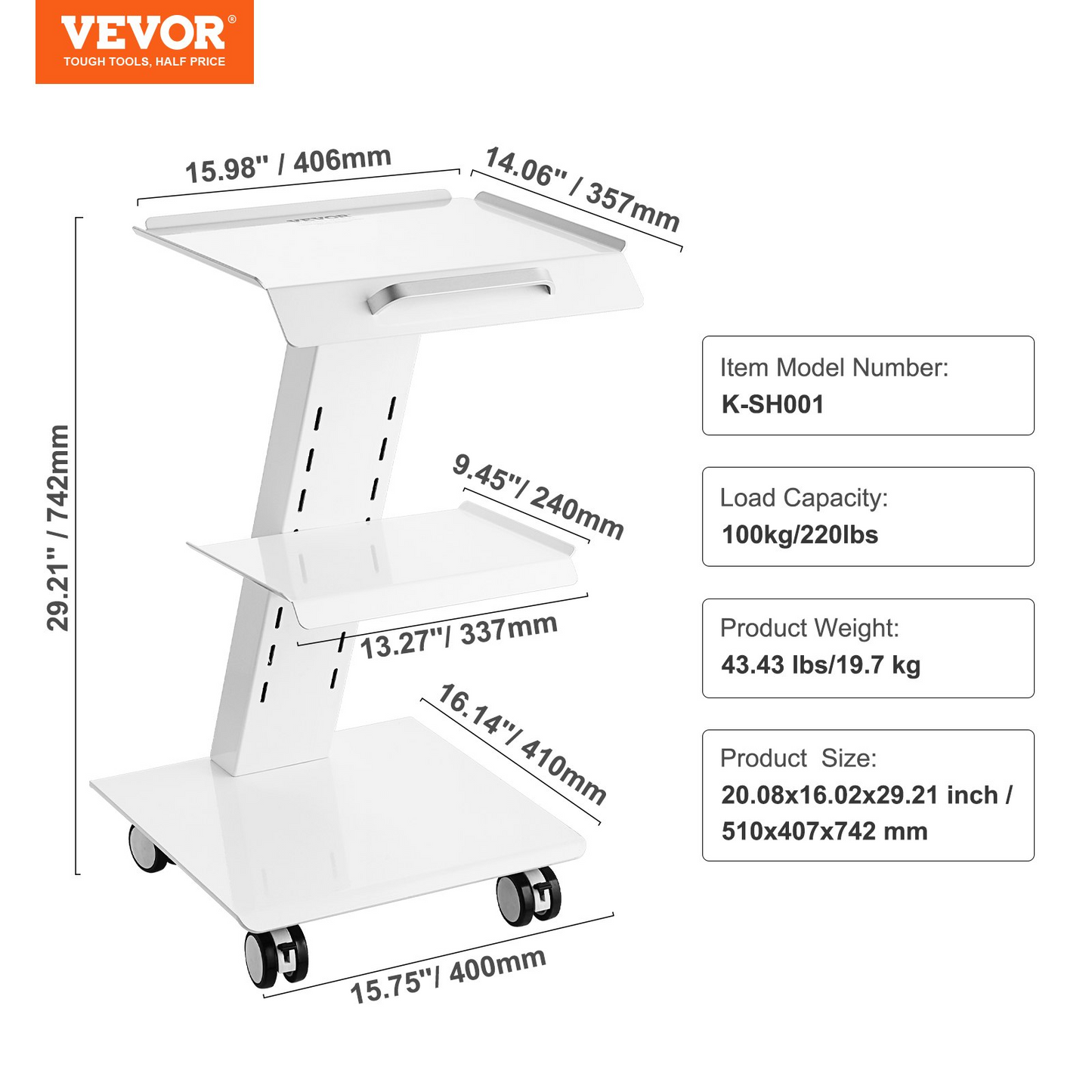 VEVOR Lab Trolley, Rolling Lab Cart with Built-in Socket, 3-Layer Metal Mobile Trolley, Tray Rolling Clinic Cart with Swivel Wheels, 220 lbs Weight Capacity, for Lab, Clinic, Beauty and Salon