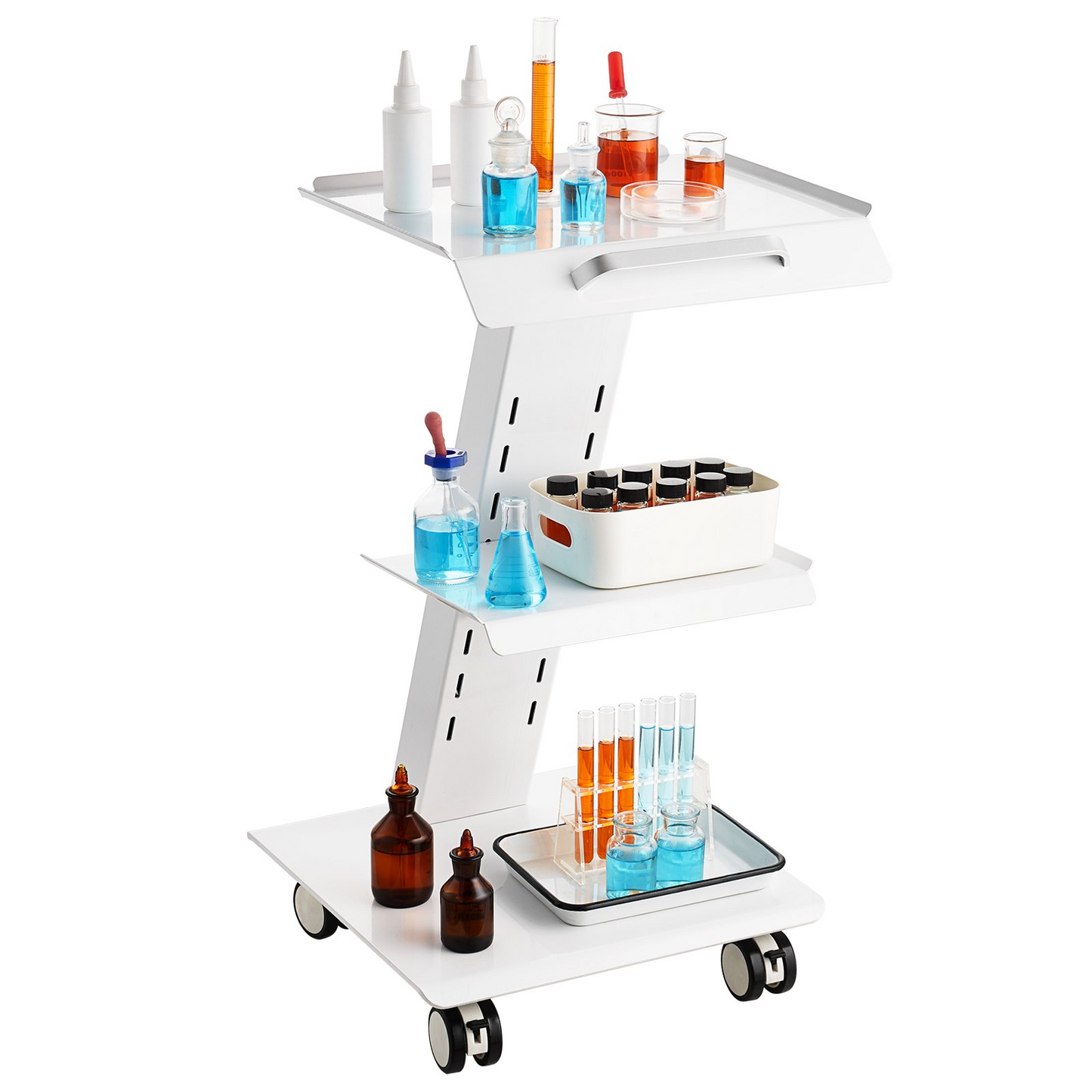 VEVOR Lab Trolley, Rolling Lab Cart with Built-in Socket, 3-Layer Metal Mobile Trolley, Tray Rolling Clinic Cart with Swivel Wheels, 220 lbs Weight Capacity, for Lab, Clinic, Beauty and Salon