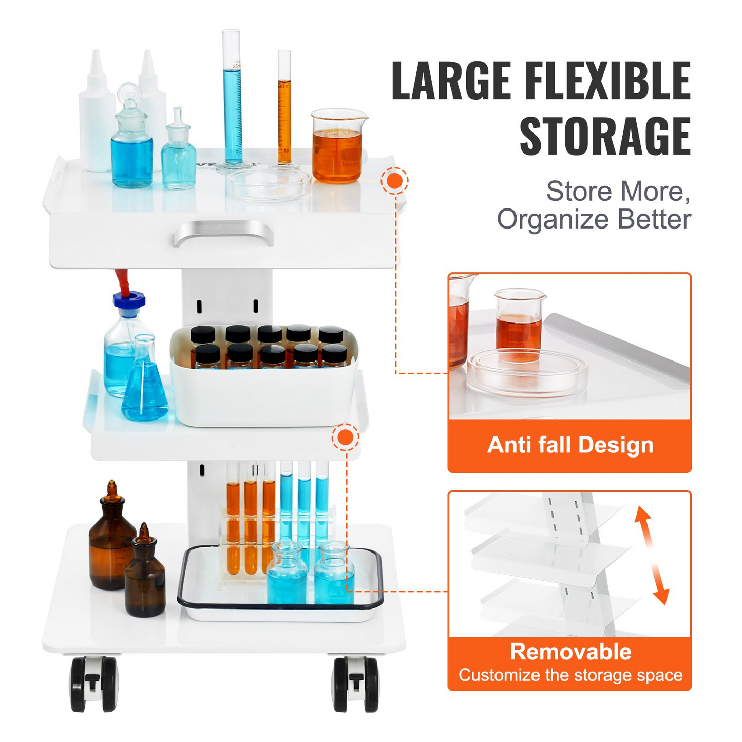 VEVOR Lab Trolley, 3-Layer Rolling Lab Cart, Metal Mobile Trolley with Swivel Wheels, Tray Rolling Clinic Cart 220 lbs Weight Capacity, for Lab, Clinic, Beauty and Salon