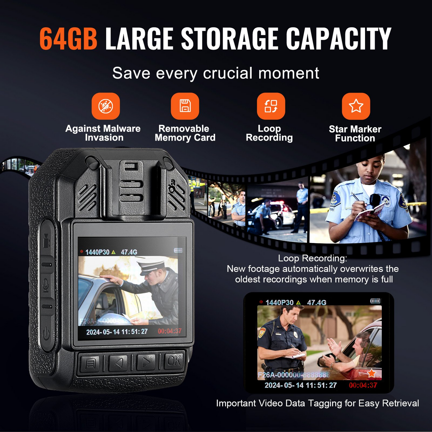 VEVOR 1440P HD Police Body Camera, 64GB Body Cam with Audio Video Recording Picture, Built-in 2850 mAh Battery, 2.0" LCD, Infrared Night Vision, Waterproof Personal Body Cam for Law Enforcement