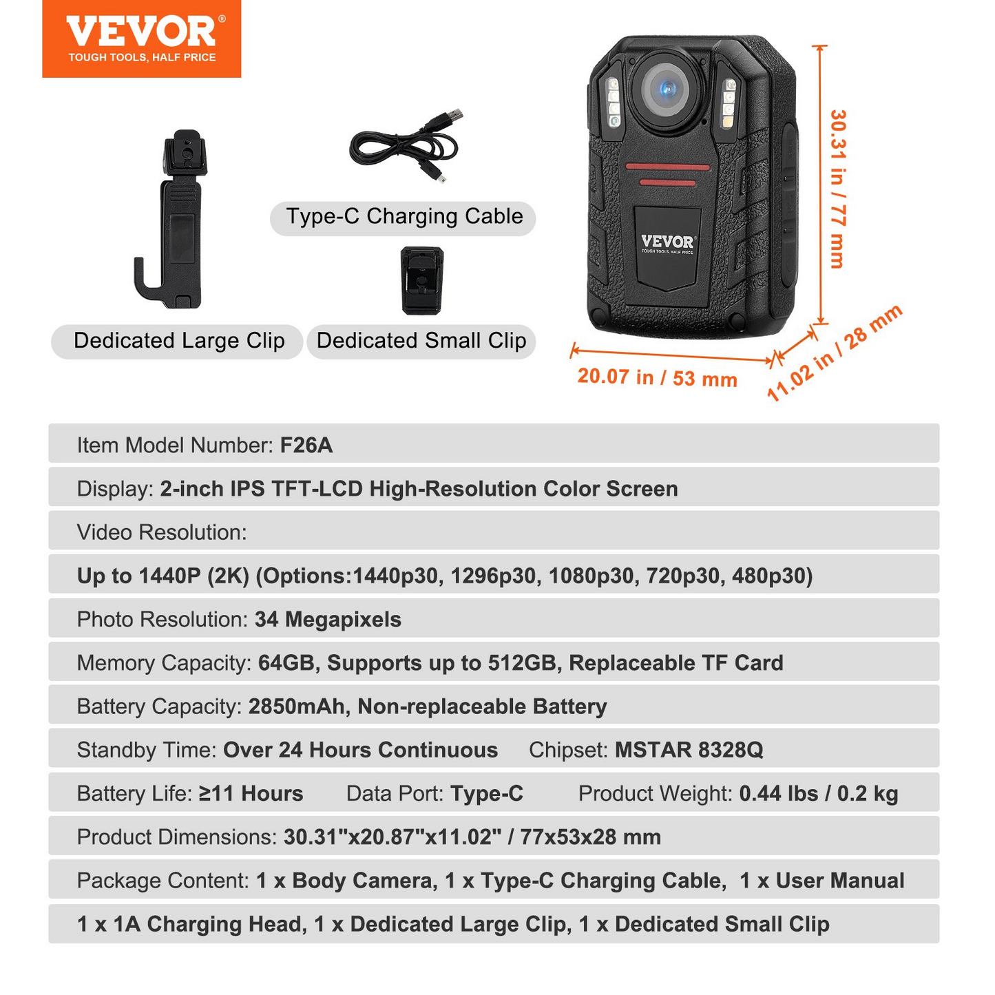 VEVOR 1440P HD Police Body Camera, 64GB Body Cam with Audio Video Recording Picture, Built-in 2850 mAh Battery, 2.0" LCD, Infrared Night Vision, Waterproof Personal Body Cam for Law Enforcement