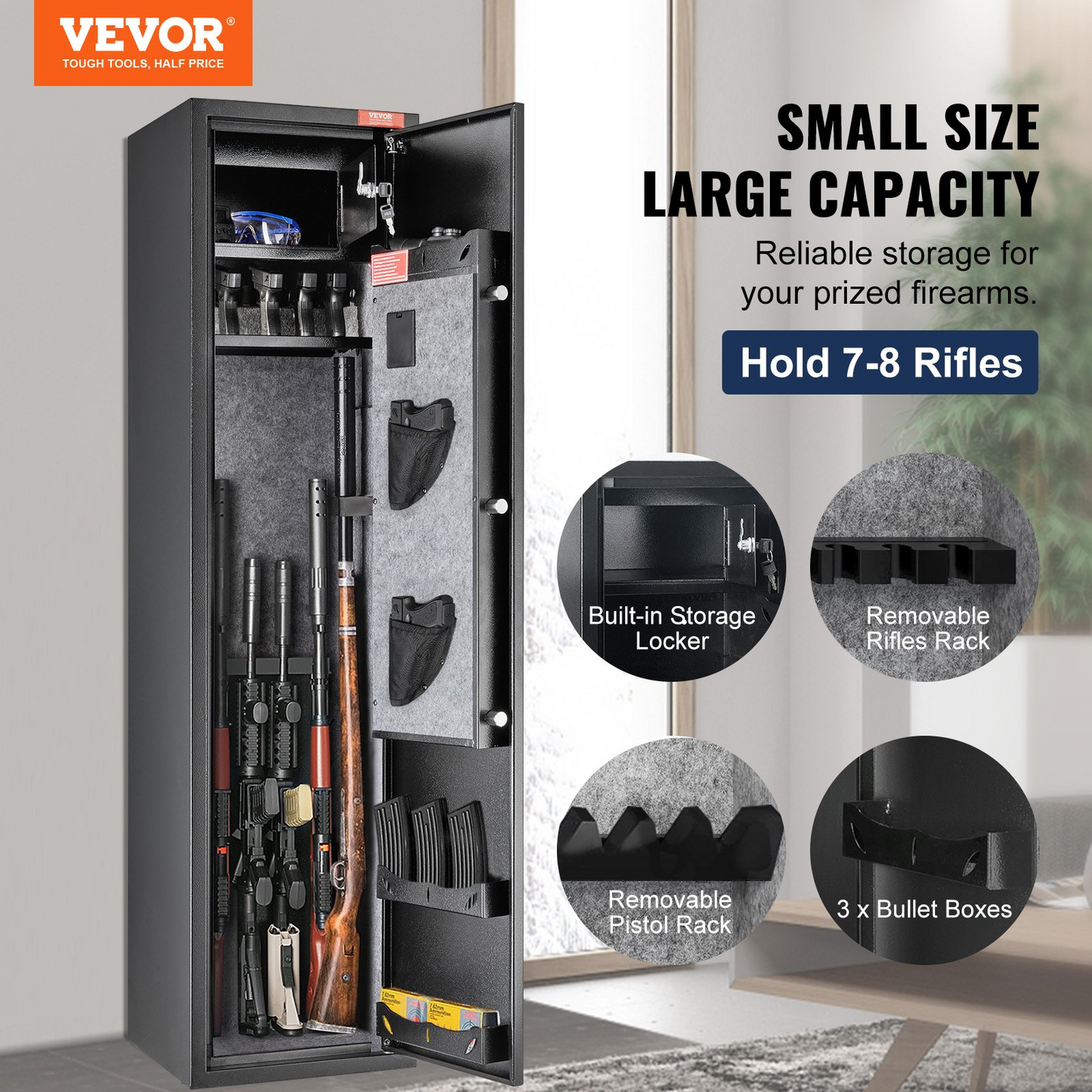 VEVOR 5 Rifles Gun Safe, Rifle Safe with Digital Keypad & Lock, Gun Storage Cabinet with Built-in Storage Locker, Removable Storage Shelf for Home Long Gun and Pistols