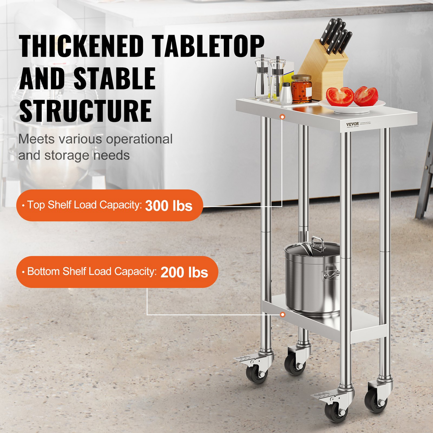 VEVOR Stainless Steel Work Table 24 x 12 x 38 Inch, with 4 Wheels, 3 Adjustable Height Levels, Heavy Duty Food Prep Worktable for Commercial Kitchen Restaurant, Silver