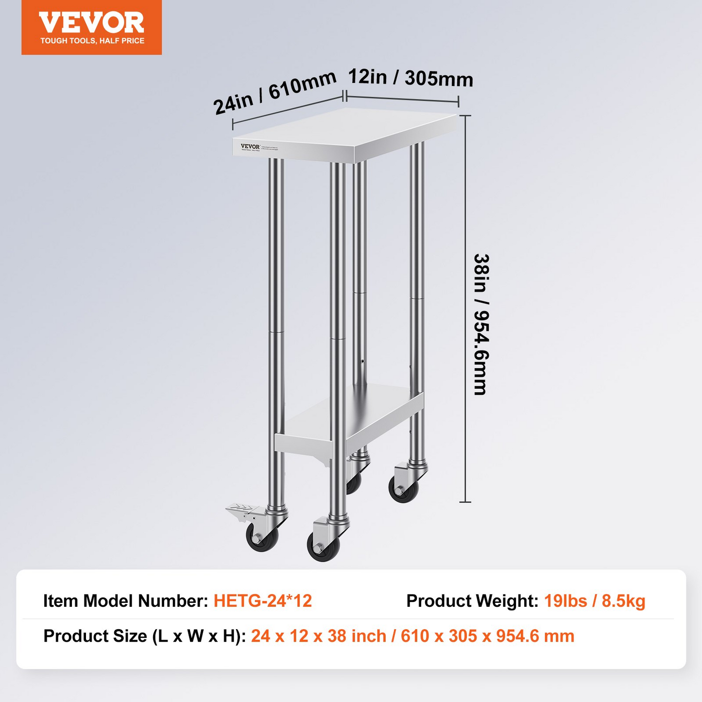 VEVOR Stainless Steel Work Table 24 x 12 x 38 Inch, with 4 Wheels, 3 Adjustable Height Levels, Heavy Duty Food Prep Worktable for Commercial Kitchen Restaurant, Silver