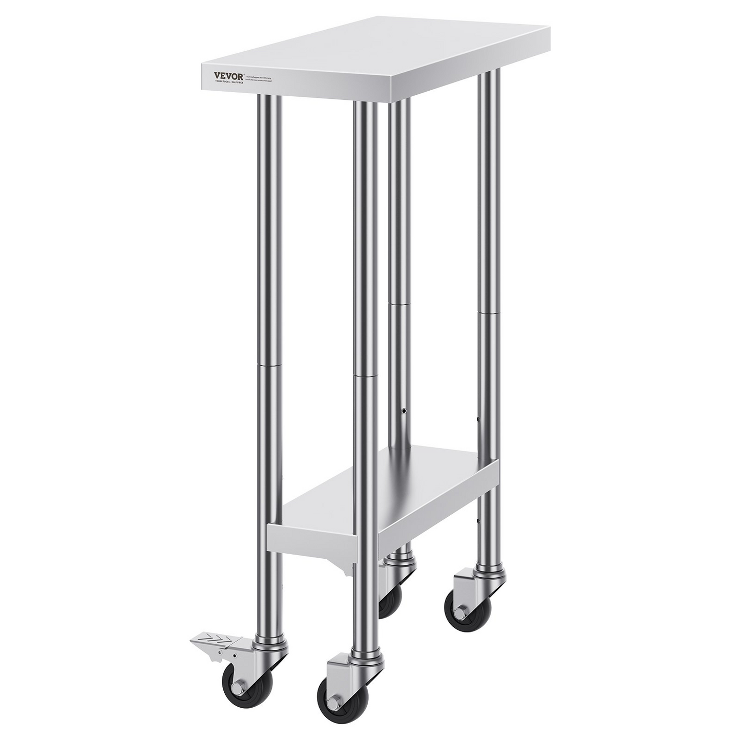 VEVOR Stainless Steel Work Table 24 x 12 x 38 Inch, with 4 Wheels, 3 Adjustable Height Levels, Heavy Duty Food Prep Worktable for Commercial Kitchen Restaurant, Silver