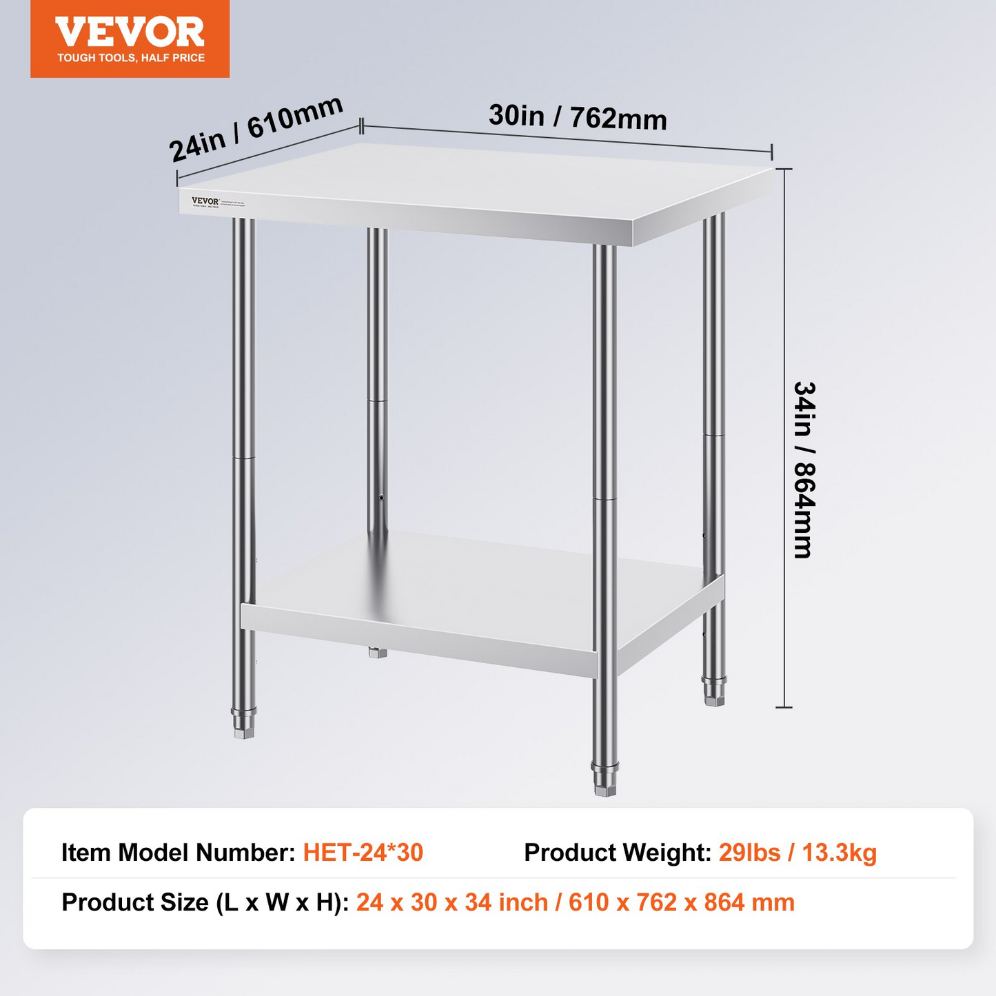 VEVOR Stainless Steel Prep Table, 24 x 30 x 34 Inch, Heavy Duty Metal Worktable with 3 Adjustable Height Levels, Commercial Workstation for Kitchen Garage Restaurant Backyard