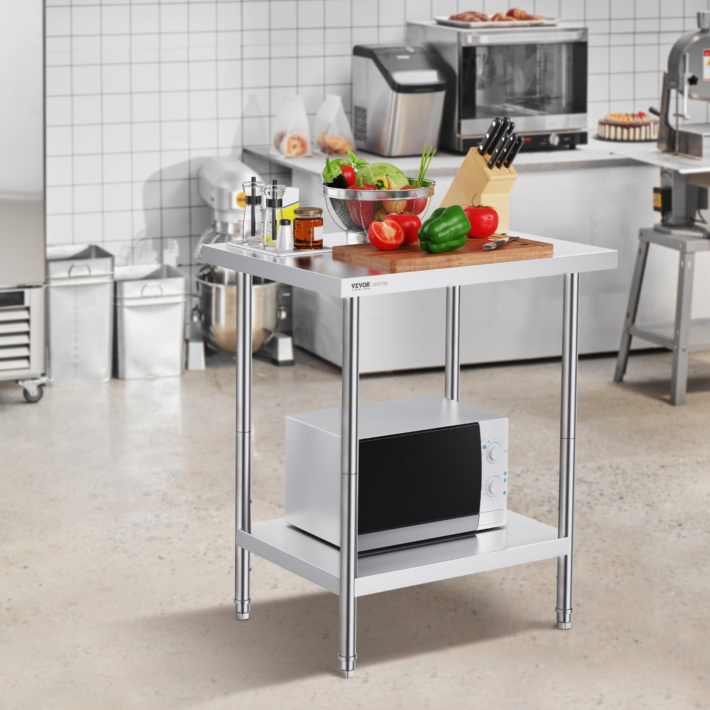 VEVOR Stainless Steel Prep Table, 24 x 30 x 34 Inch, Heavy Duty Metal Worktable with 3 Adjustable Height Levels, Commercial Workstation for Kitchen Garage Restaurant Backyard