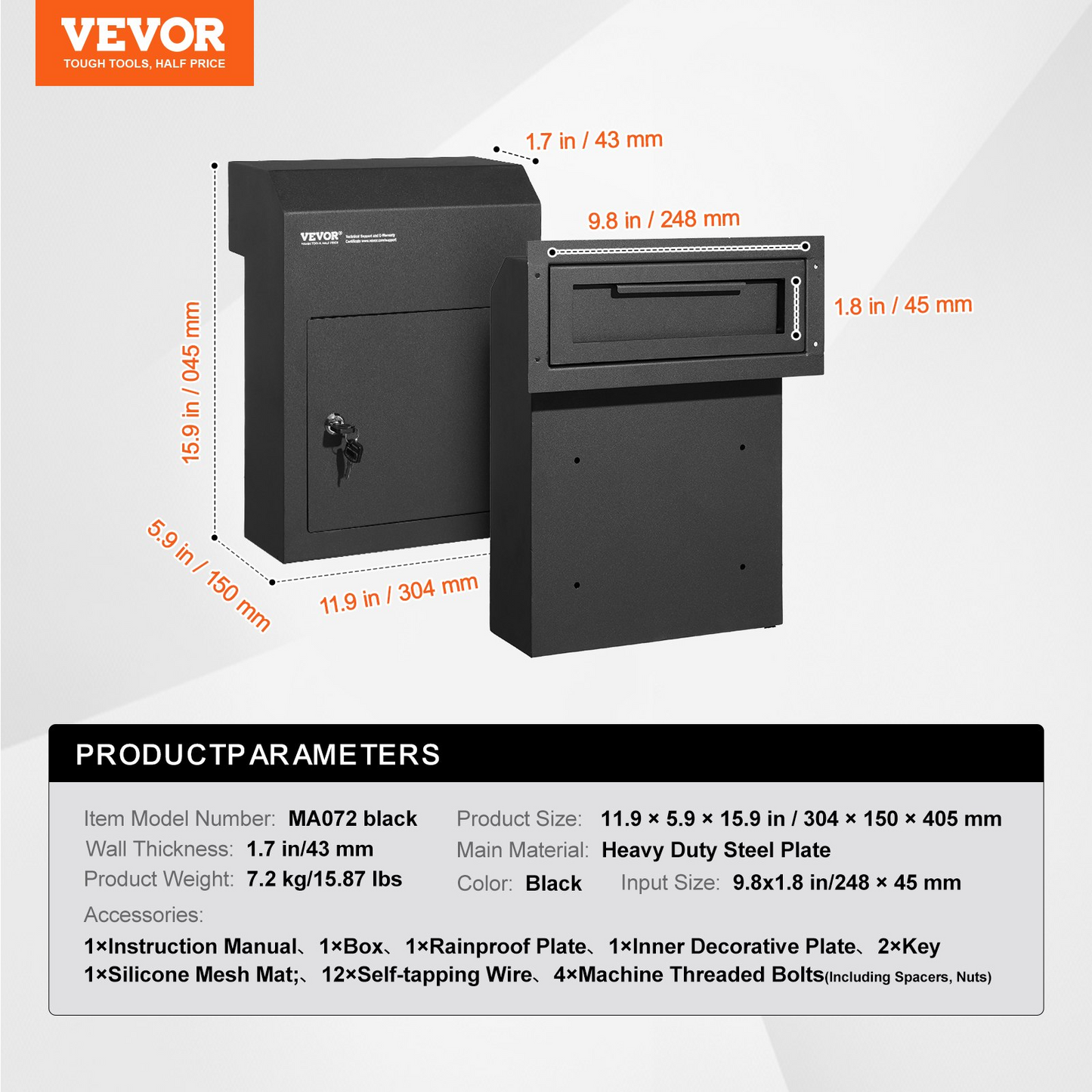 VEVOR Through The Door Key Drop Box, Heavy Duty Steel Through the Door Mailbox with 1.8" 12" Key Lock, 12x6x16" Mail Drop Box, Black