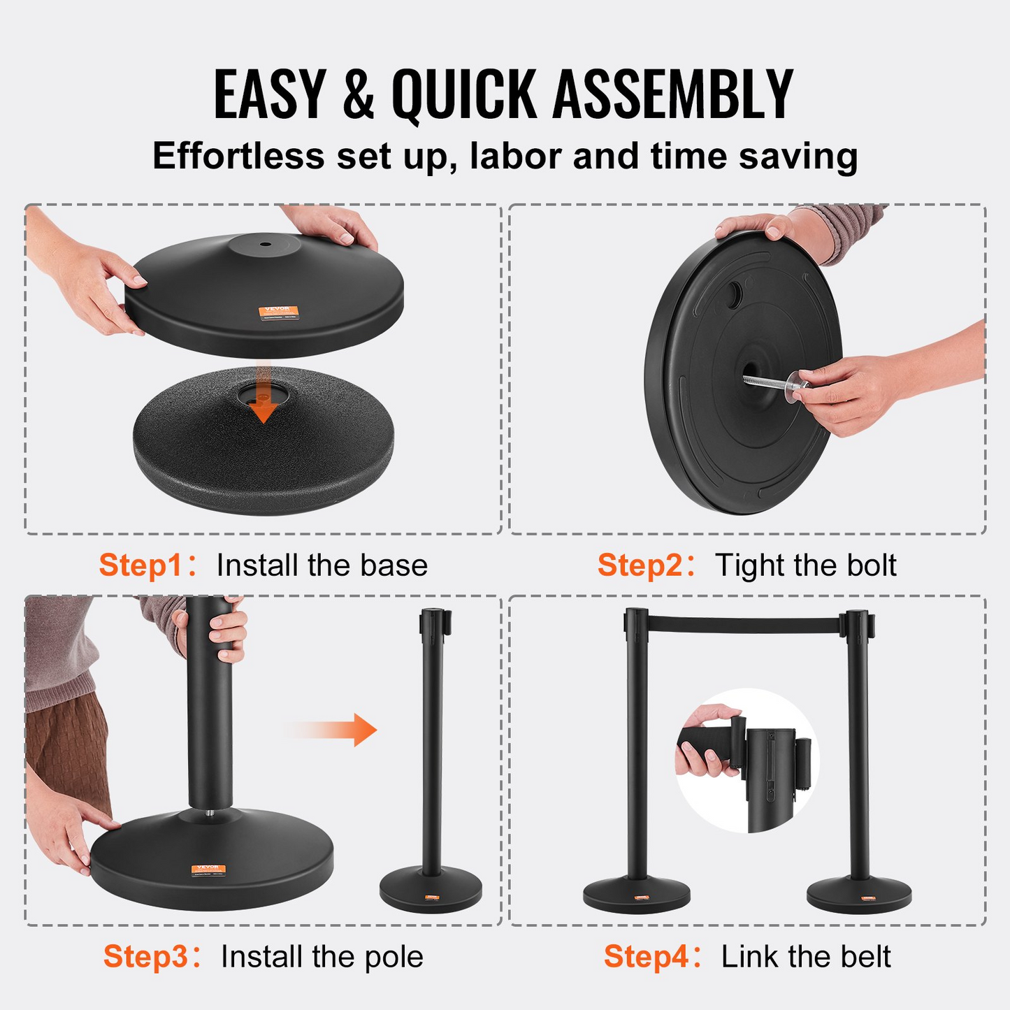 VEVOR Crowd Control Stanchion, 4-Pack Crowd Control Barrier, Carbon Steel Baking Painted Stanchion Queue Post with 2PCS 6.5FT Retractable Belt & Fillable Base, Belt Barrier Line Divider, Easy Assembly