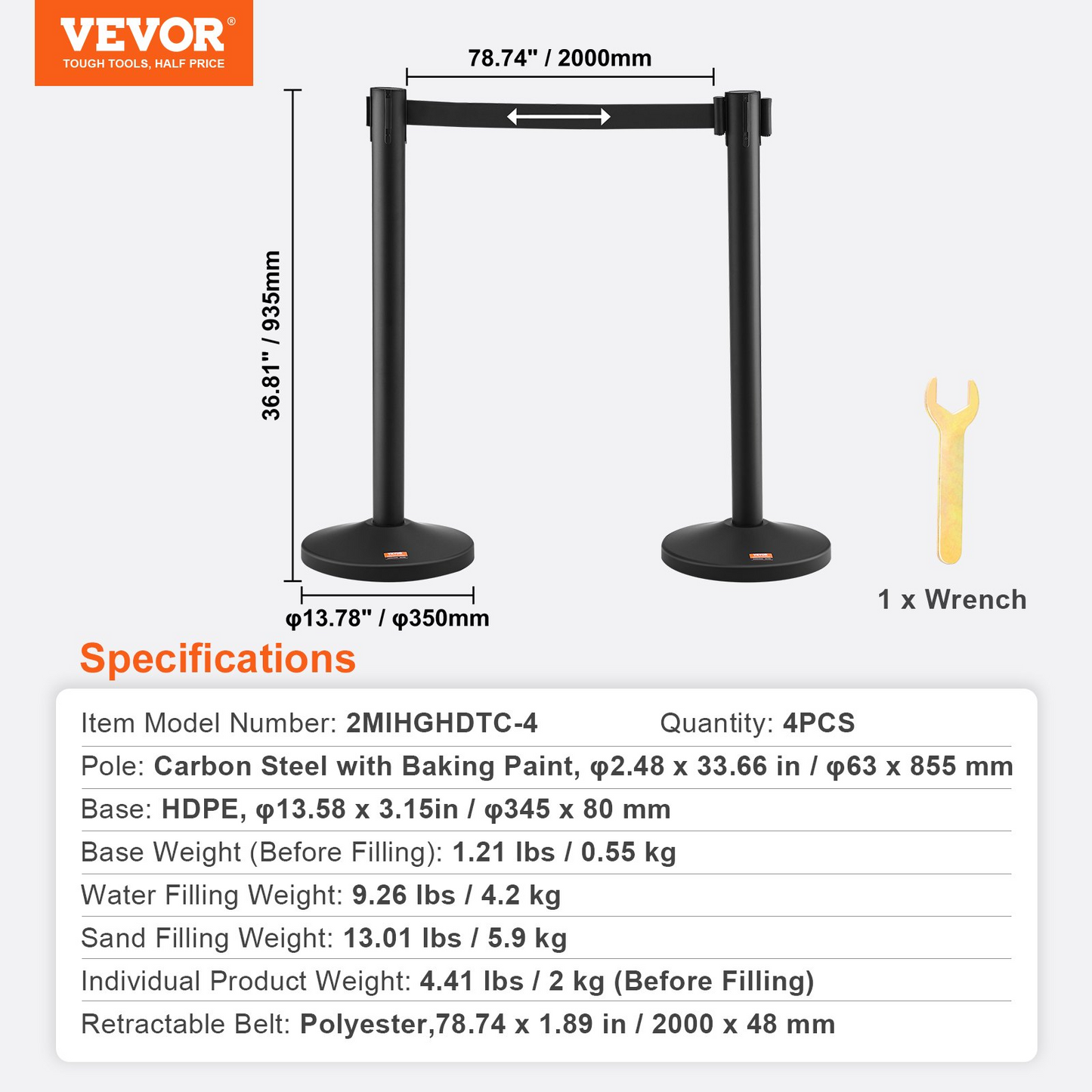 VEVOR Crowd Control Stanchion, 4-Pack Crowd Control Barrier, Carbon Steel Baking Painted Stanchion Queue Post with 2PCS 6.5FT Retractable Belt & Fillable Base, Belt Barrier Line Divider, Easy Assembly