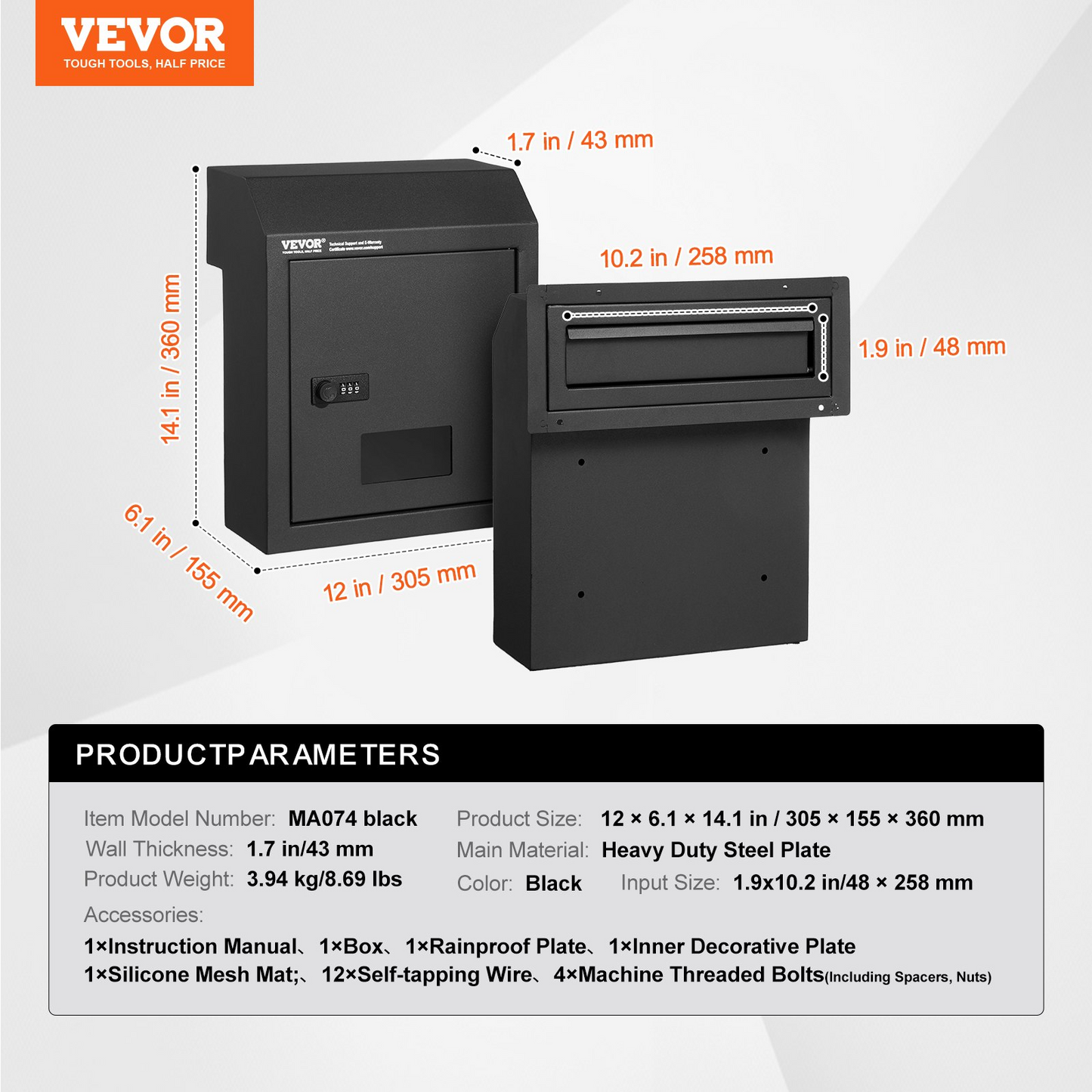 VEVOR Through The Door Key Drop Box, Heavy Duty Steel Through the Door Mailbox with 12" Combination Lock, Mail Drop Box, Black