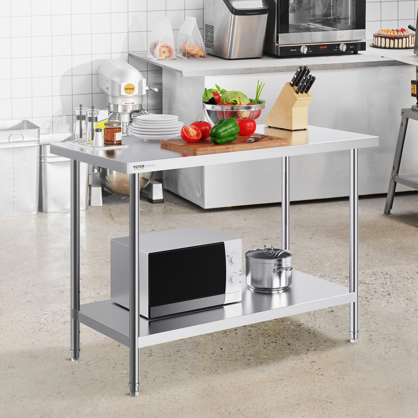 VEVOR Stainless Steel Prep Table, 24 x 48 x 34 Inch, Heavy Duty Metal Worktable with 3 Adjustable Height Levels, Commercial Workstation for Kitchen Garage Restaurant Backyard