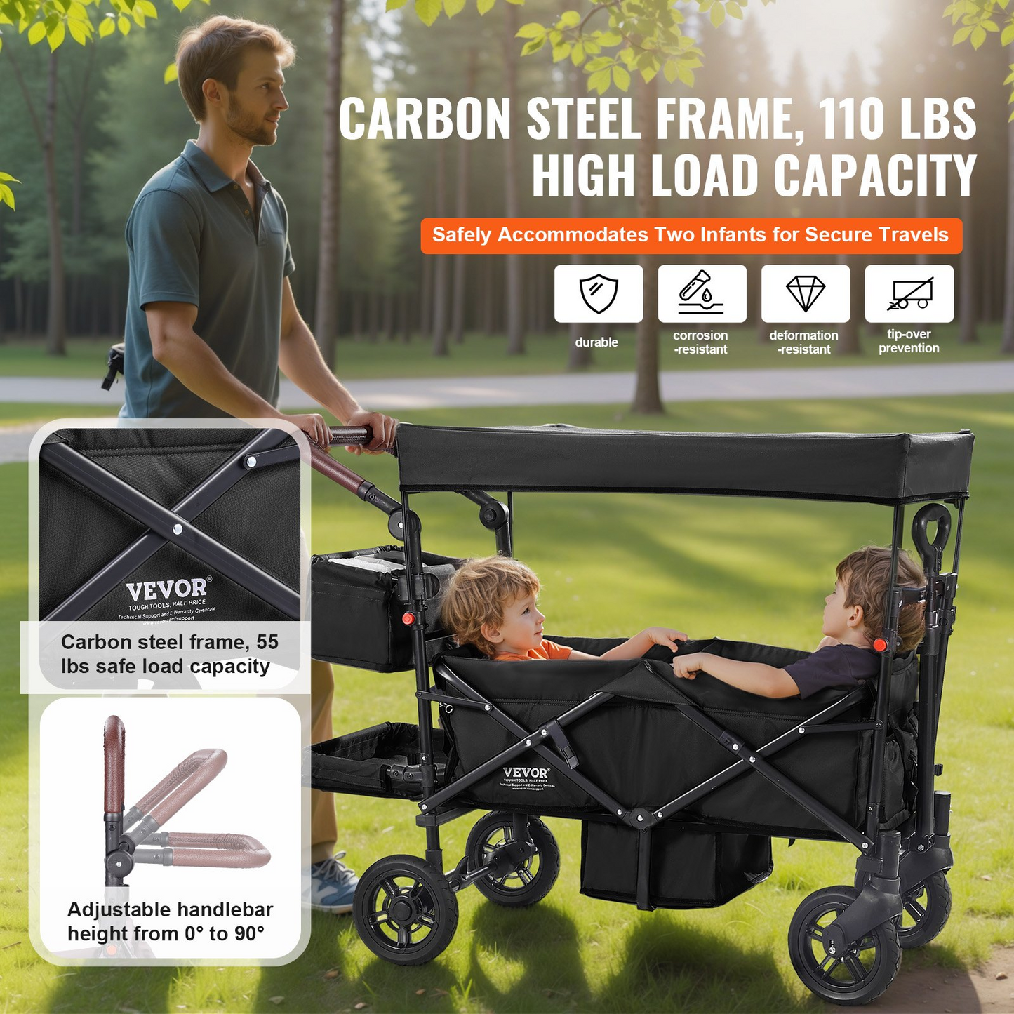 VEVOR Wagon Stroller for 2 Kids, Push Pull Quad Collapsible Stroller with Adjustable Handle, Encircling Harness Removable Canopy, 4 Wheels with Brakes, Mutifunction Tandem Stroller for Camping Black