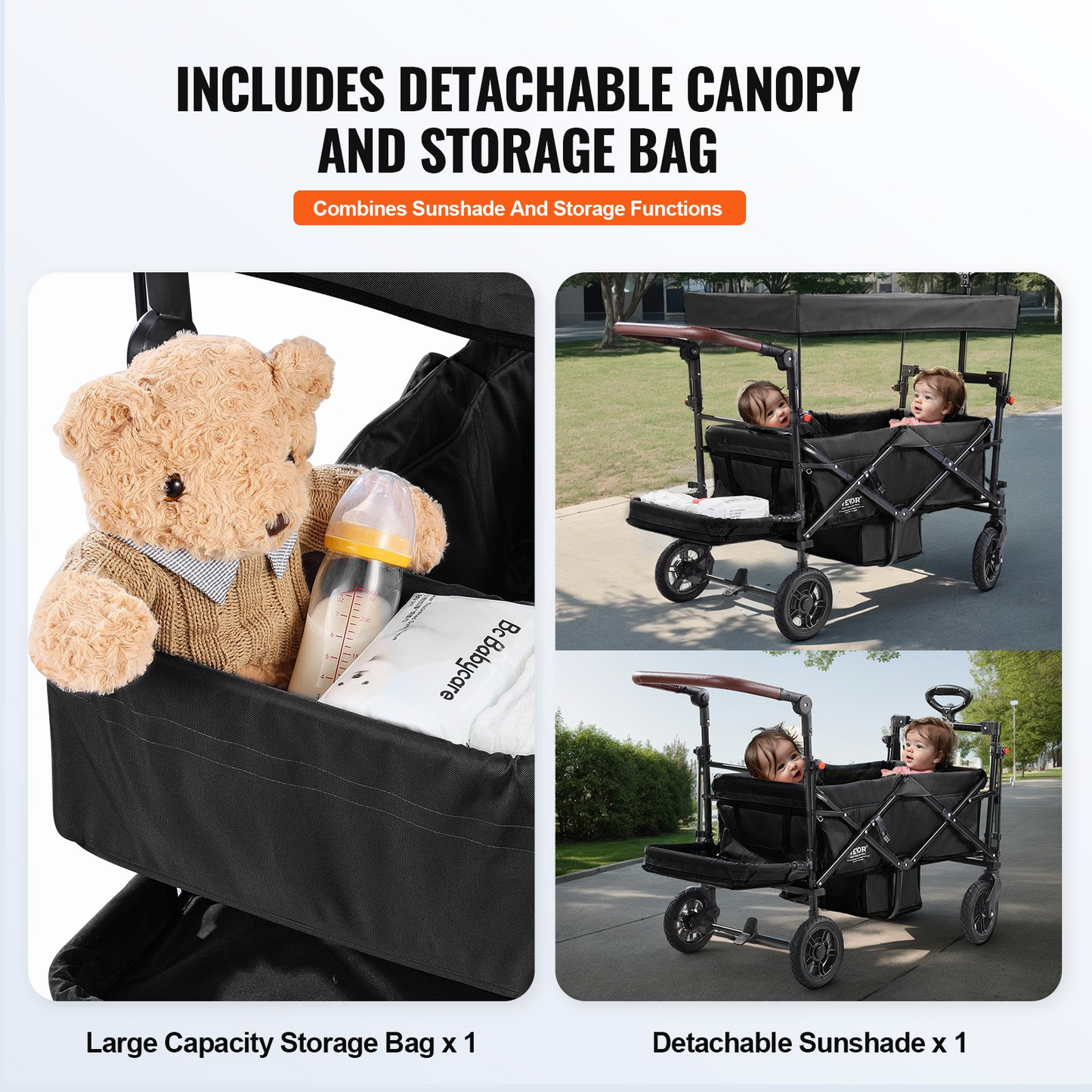 VEVOR Wagon Stroller for 2 Kids, Push Pull Quad Collapsible Stroller with Adjustable Handle, Encircling Harness Removable Canopy, 4 Wheels with Brakes, Mutifunction Tandem Stroller for Camping Black