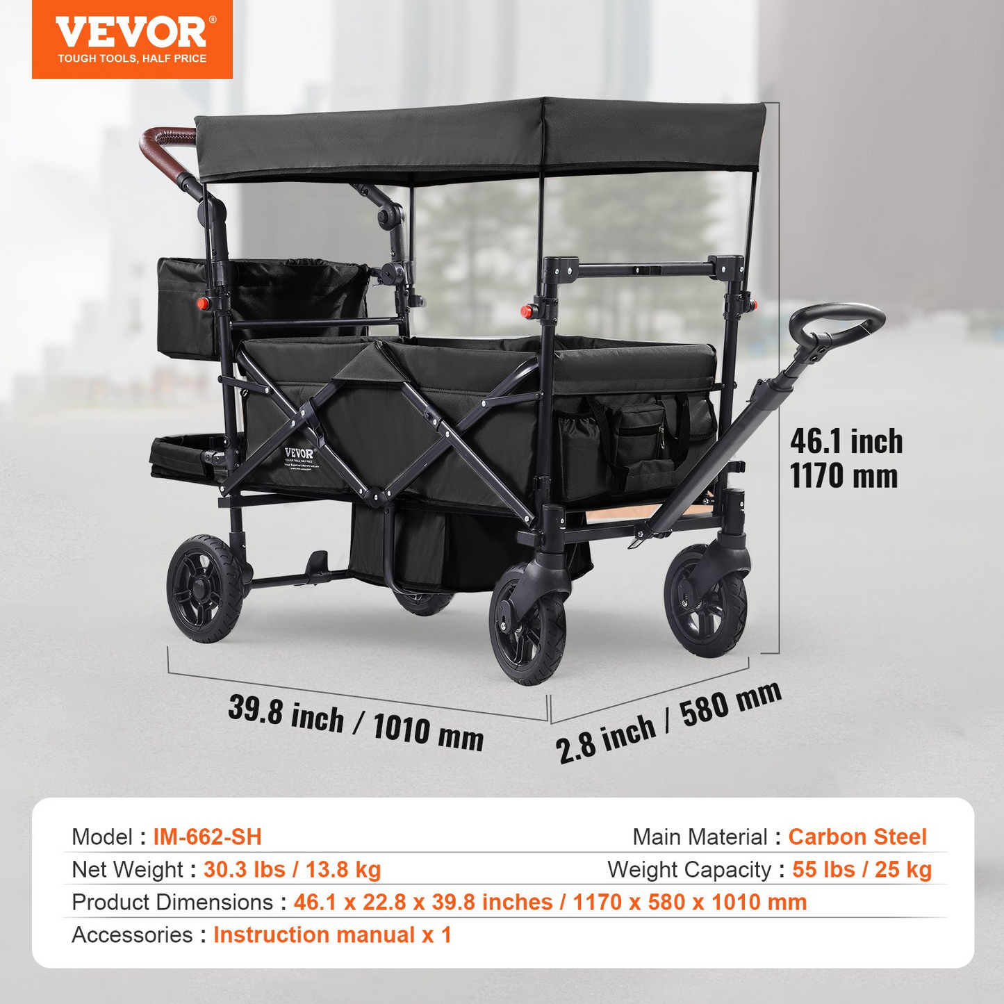 VEVOR Wagon Stroller for 2 Kids, Push Pull Quad Collapsible Stroller with Adjustable Handle, Encircling Harness Removable Canopy, 4 Wheels with Brakes, Mutifunction Tandem Stroller for Camping Black