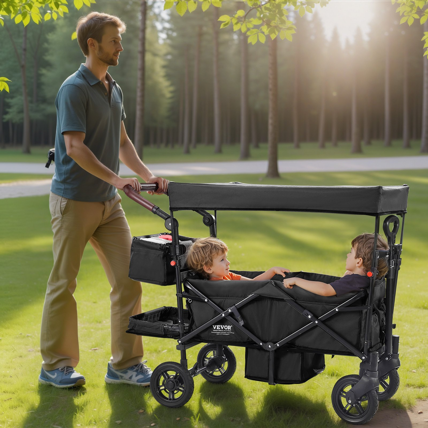 VEVOR Wagon Stroller for 2 Kids, Push Pull Quad Collapsible Stroller with Adjustable Handle, Encircling Harness Removable Canopy, 4 Wheels with Brakes, Mutifunction Tandem Stroller for Camping Black