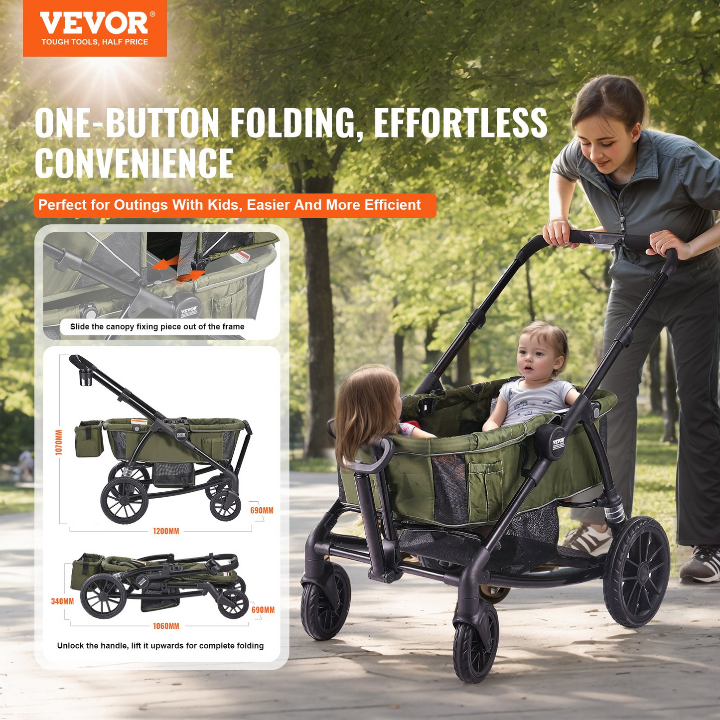 VEVOR All-Terrain Stroller Wagon, 2 Seats Foldable Expedition 2-in-1 Collapsible Wagon Stroller, Includes Canopy, Parent Organizer, Snack Tray & Cup Holders, 55lbs for Single Seat, Olive Green