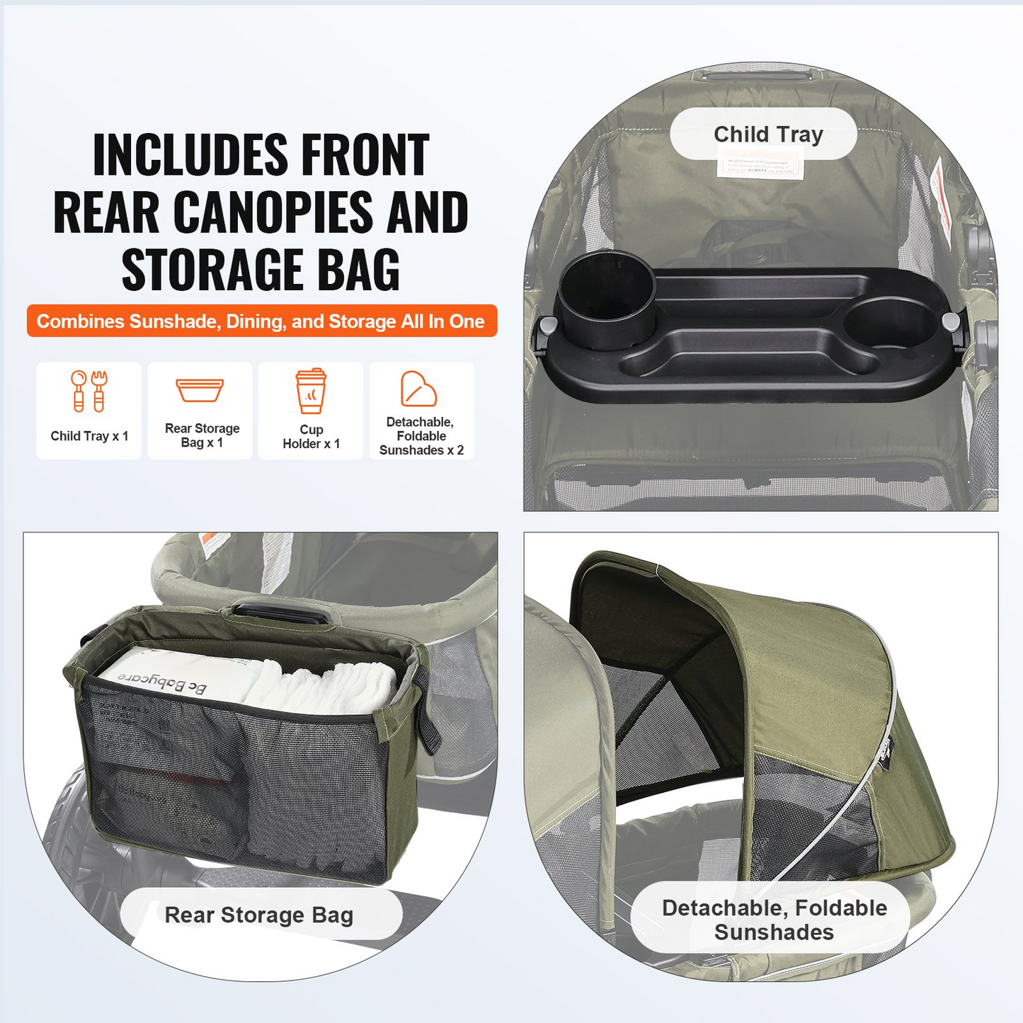 VEVOR All-Terrain Stroller Wagon, 2 Seats Foldable Expedition 2-in-1 Collapsible Wagon Stroller, Includes Canopy, Parent Organizer, Snack Tray & Cup Holders, 55lbs for Single Seat, Olive Green