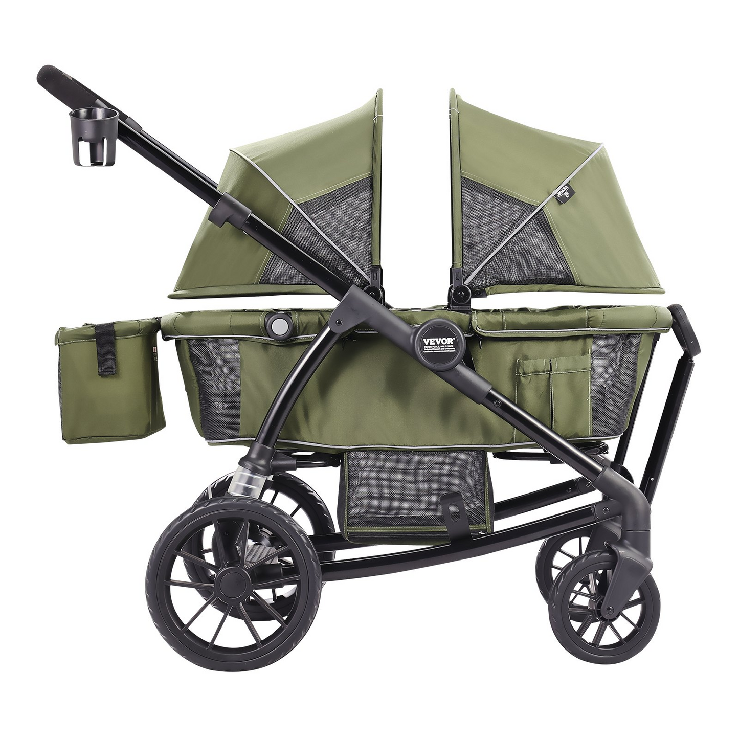 VEVOR All-Terrain Stroller Wagon, 2 Seats Foldable Expedition 2-in-1 Collapsible Wagon Stroller, Includes Canopy, Parent Organizer, Snack Tray & Cup Holders, 55lbs for Single Seat, Olive Green