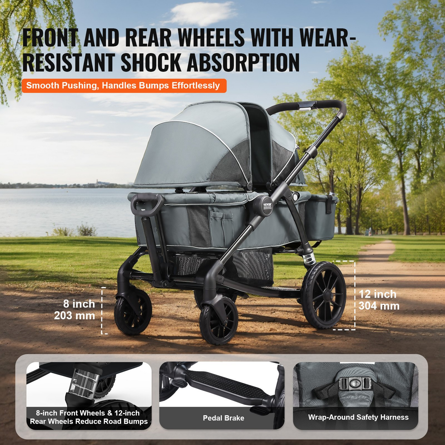 VEVOR All-Terrain Stroller Wagon, 2 Seats Foldable Expedition 2-in-1 Collapsible Wagon Stroller, Includes Canopy, Parent Organizer, Snack Tray & Cup Holders, 55lbs for Single Seat, Dark Grey/Black