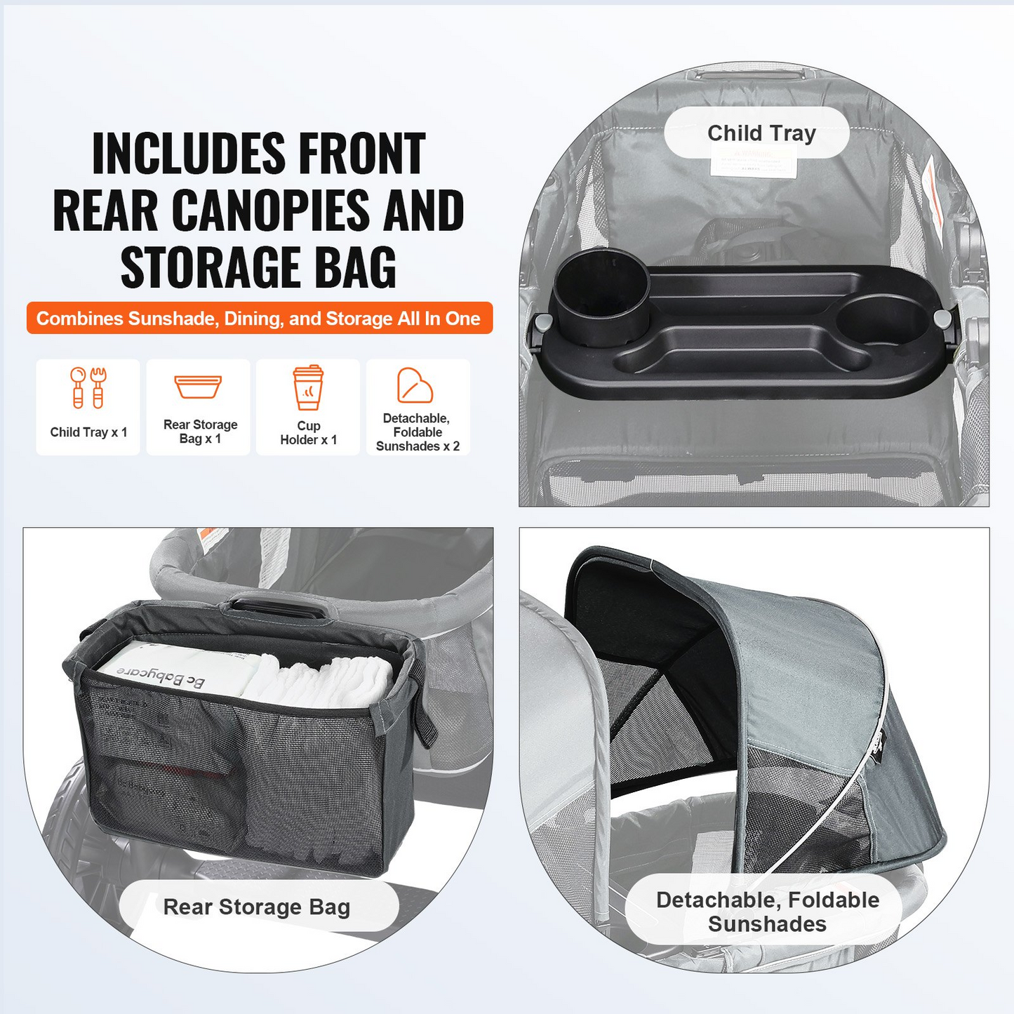 VEVOR All-Terrain Stroller Wagon, 2 Seats Foldable Expedition 2-in-1 Collapsible Wagon Stroller, Includes Canopy, Parent Organizer, Snack Tray & Cup Holders, 55lbs for Single Seat, Dark Grey/Black