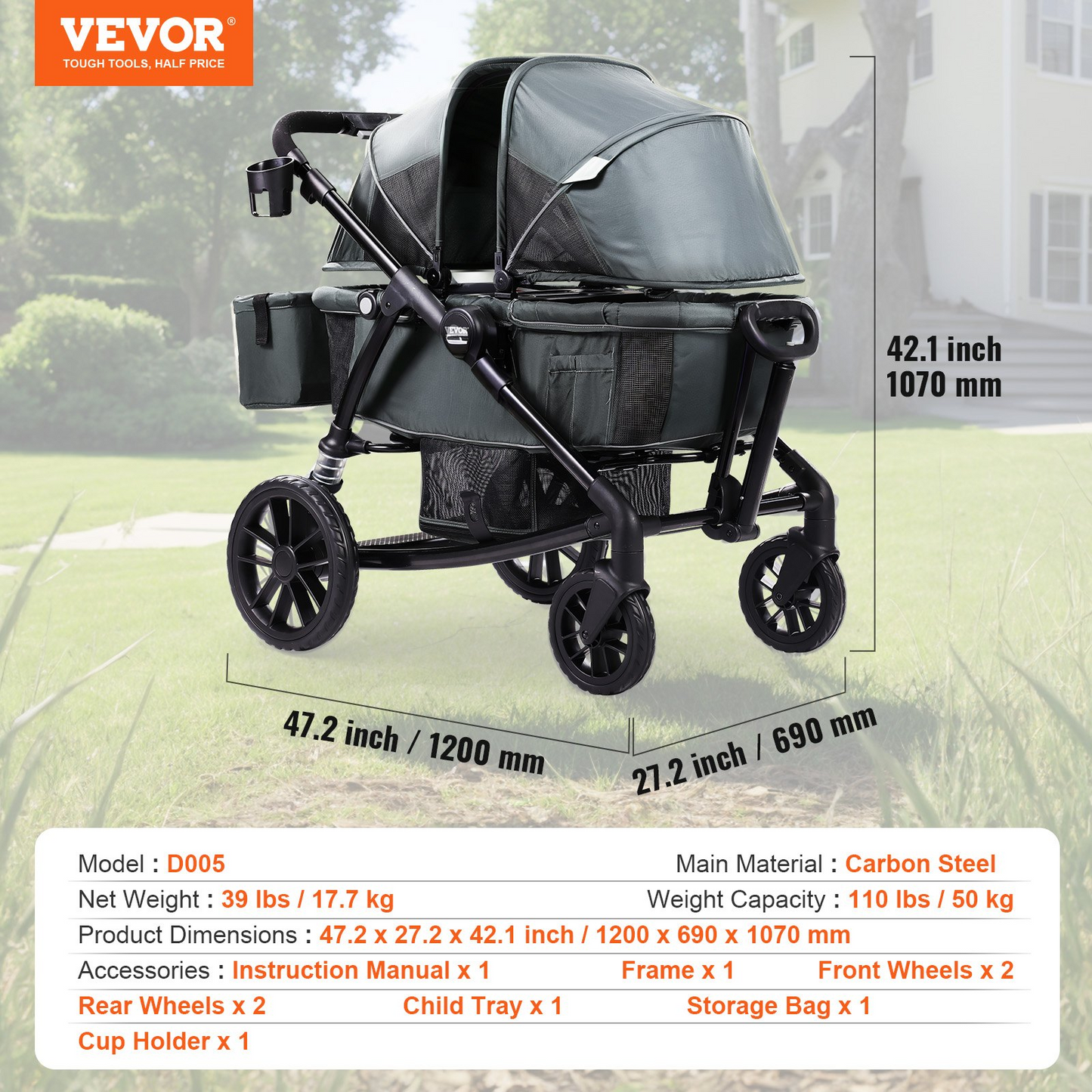 VEVOR All-Terrain Stroller Wagon, 2 Seats Foldable Expedition 2-in-1 Collapsible Wagon Stroller, Includes Canopy, Parent Organizer, Snack Tray & Cup Holders, 55lbs for Single Seat, Dark Grey/Black