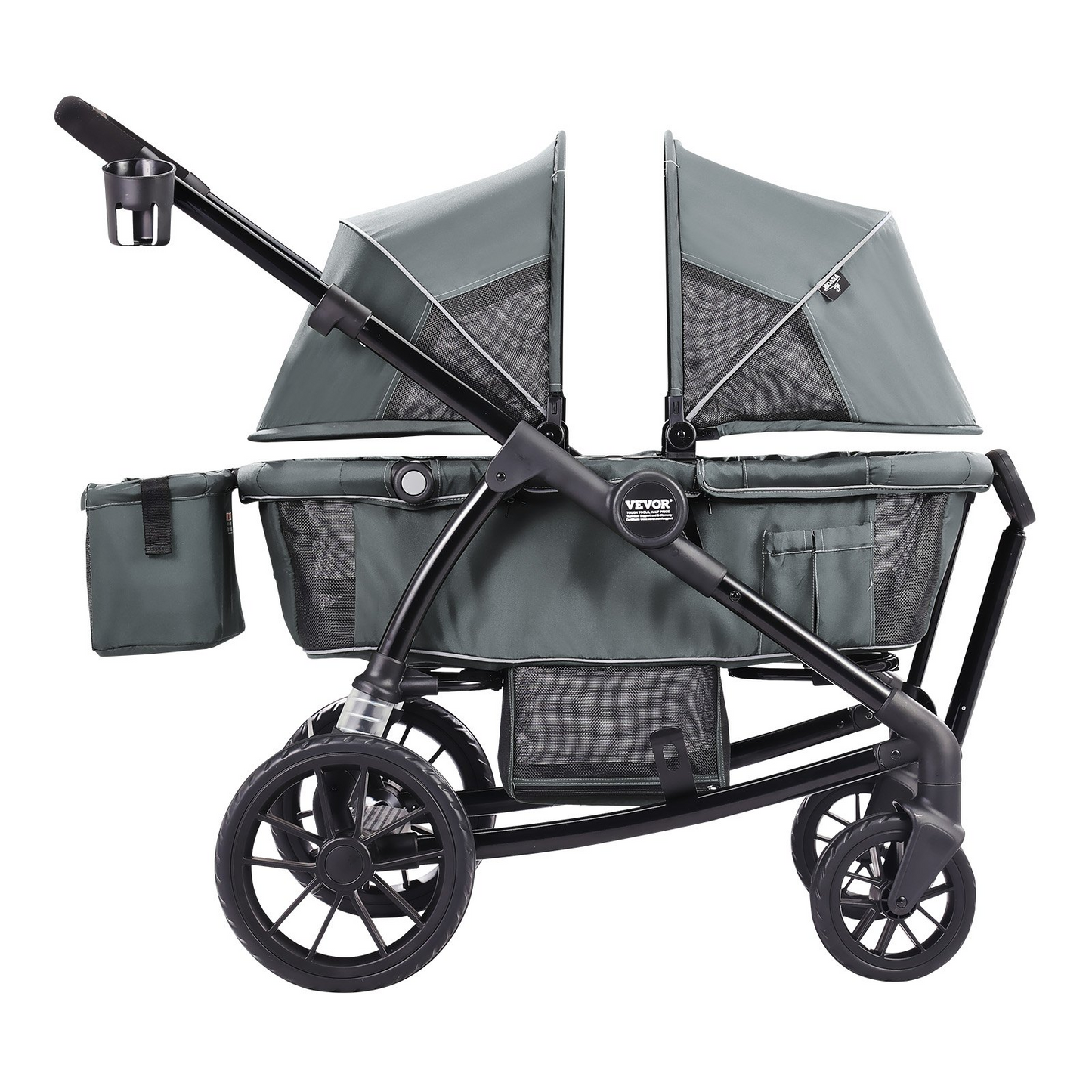 VEVOR All-Terrain Stroller Wagon, 2 Seats Foldable Expedition 2-in-1 Collapsible Wagon Stroller, Includes Canopy, Parent Organizer, Snack Tray & Cup Holders, 55lbs for Single Seat, Dark Grey/Black